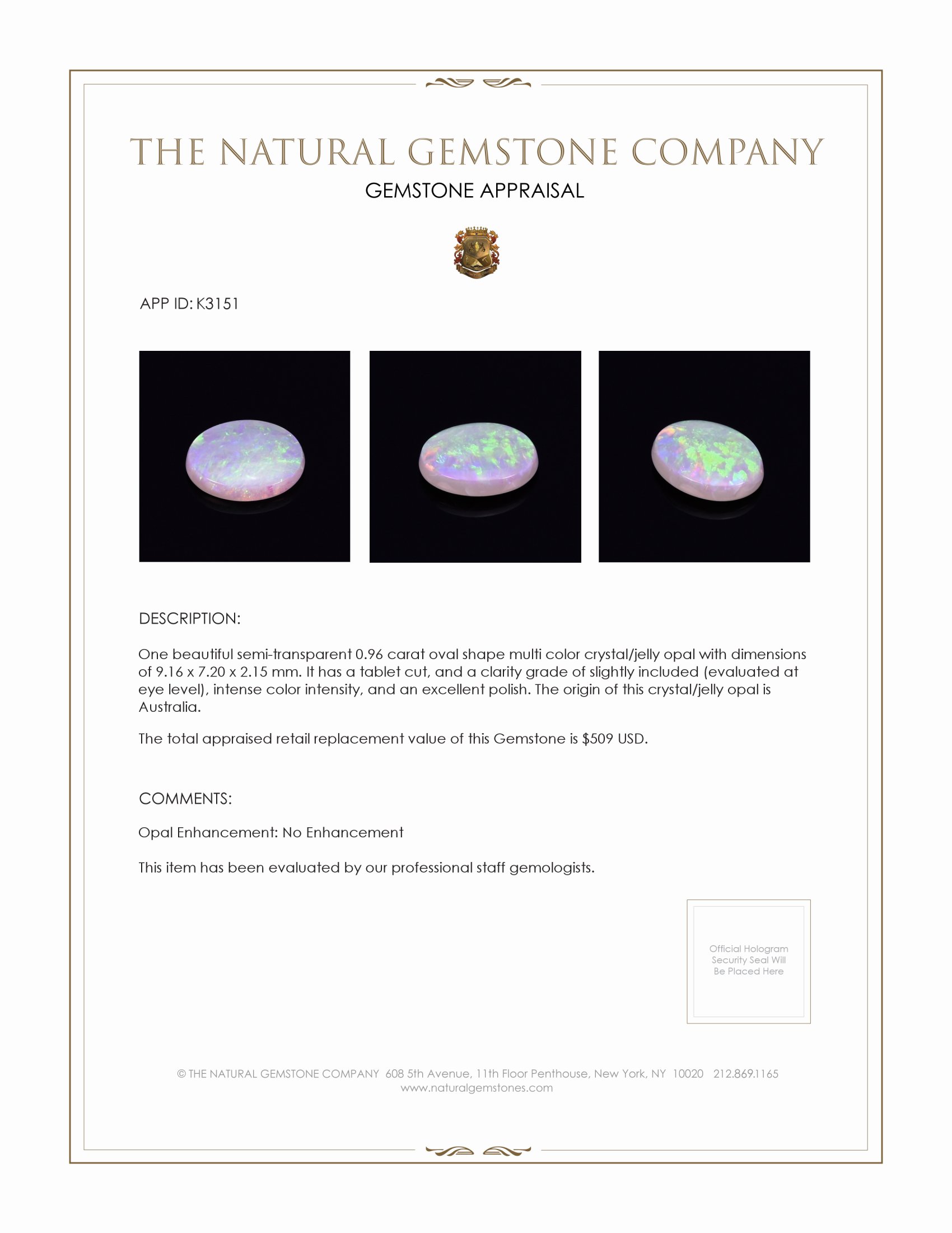 0.96 Ct. Crystal/Jelly Opal from Australia