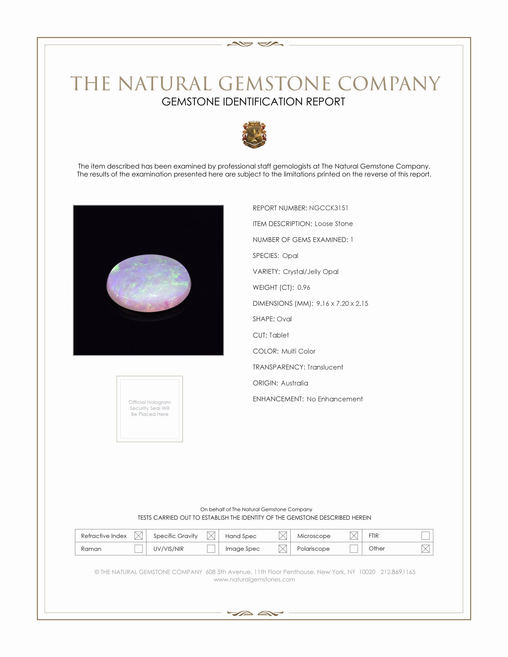 0.96 Ct. Multi Color Crystal Opal (Jelly Opal) from Australia