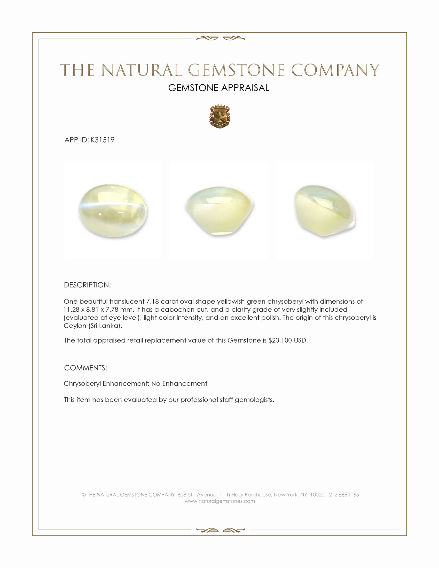 7.18 Ct. Yellowish Green Cabochon Chrysoberyl from Ceylon (Sri Lanka)