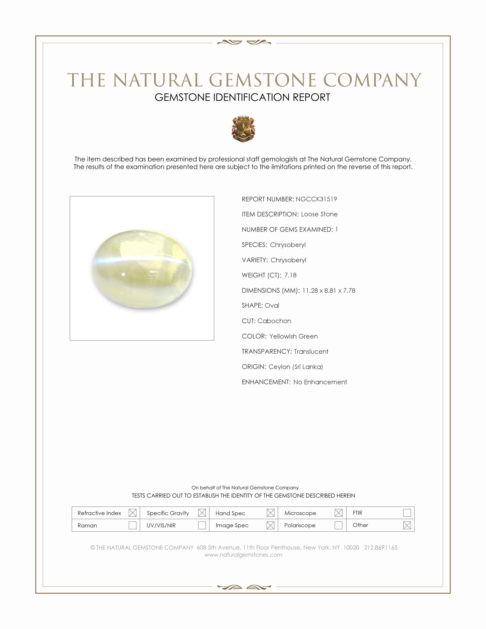 7.18 Ct. Yellowish Green Cabochon Chrysoberyl from Ceylon (Sri Lanka)