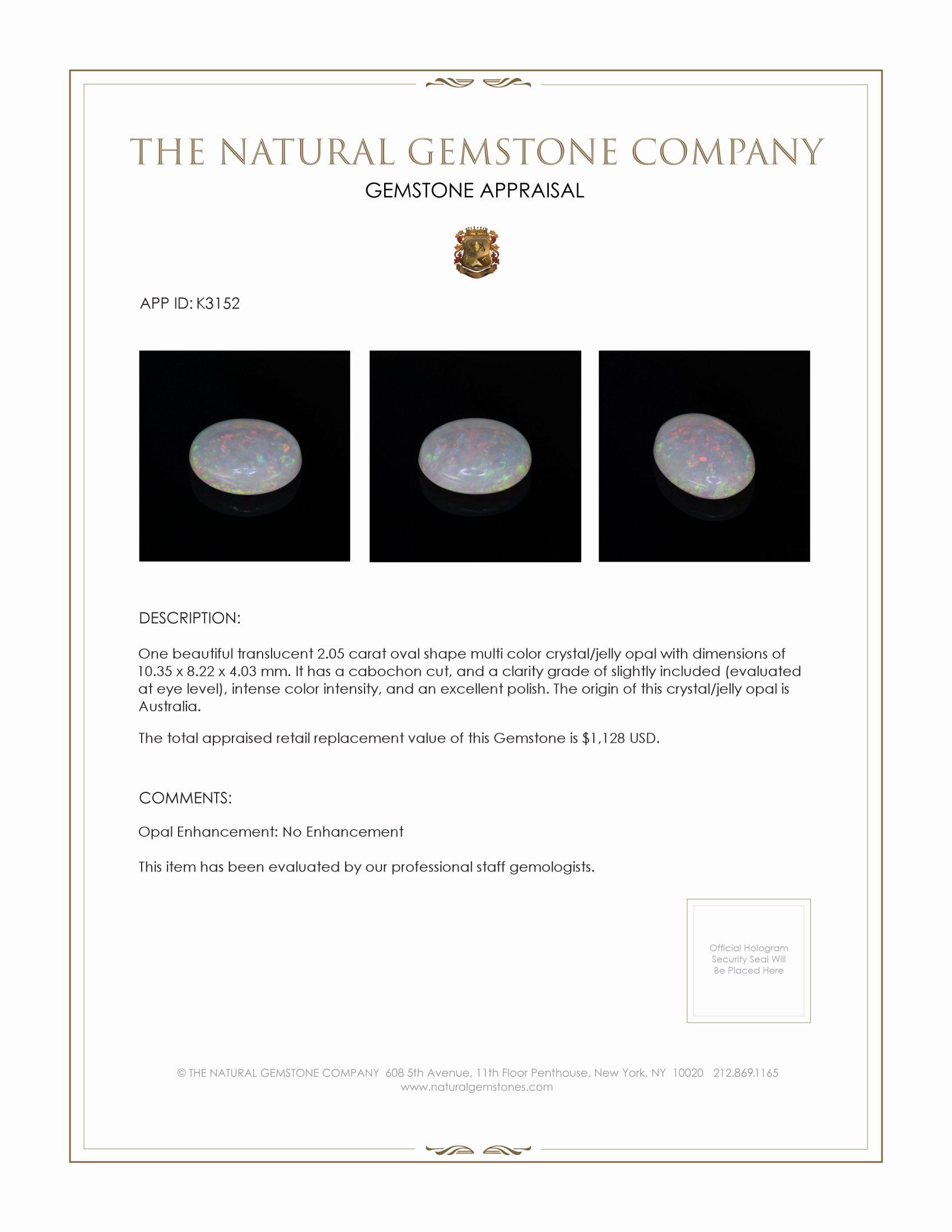 2.05 Ct. Cabochon Crystal/Jelly Opal from Australia