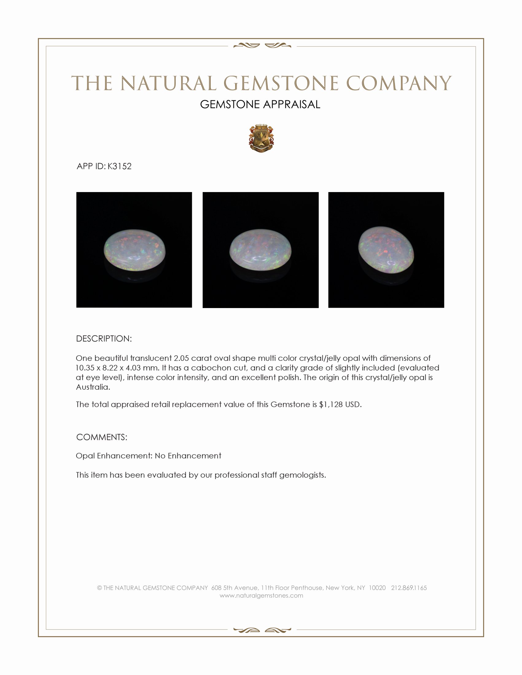 2.05 Ct. Multi Color Cabochon Crystal/Jelly Opal from Australia