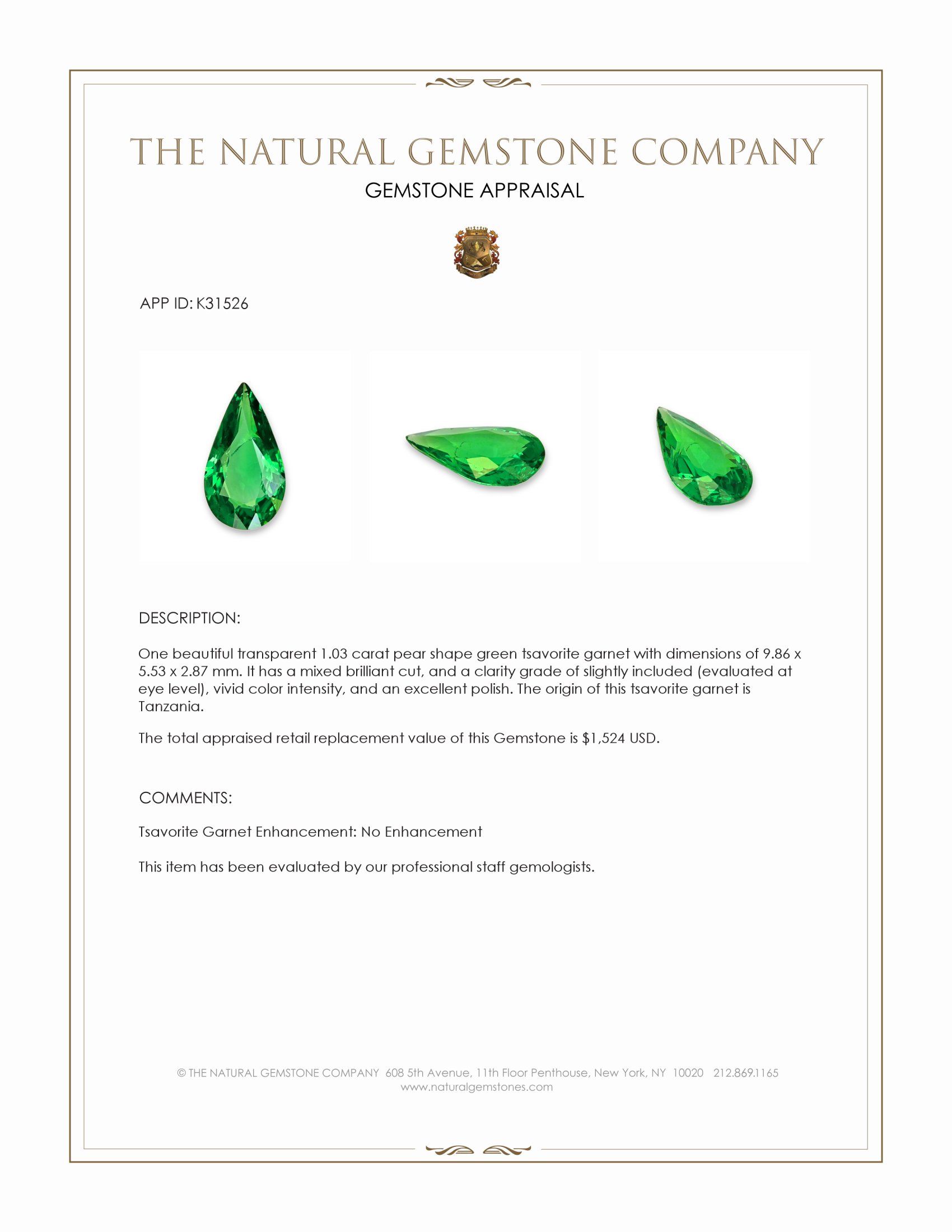 1.03 Ct. Tsavorite Garnet from Tanzania