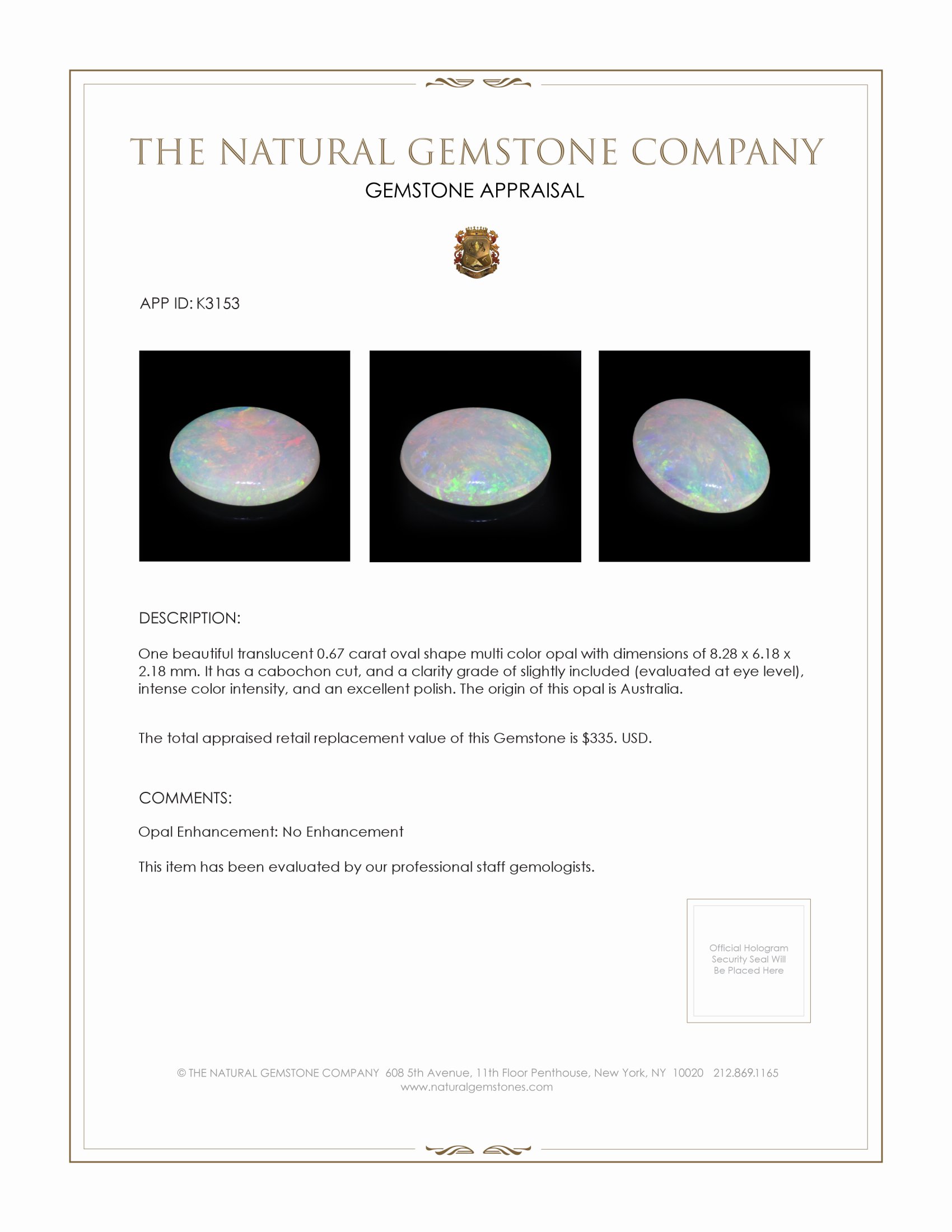 0.67 Ct. Cabochon Crystal/Jelly Opal from Australia