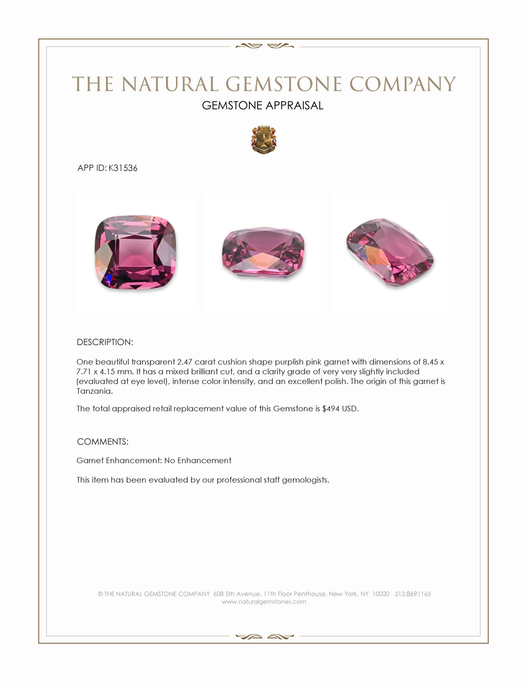 2.47 Ct. Purplish Pink Garnet from Tanzania