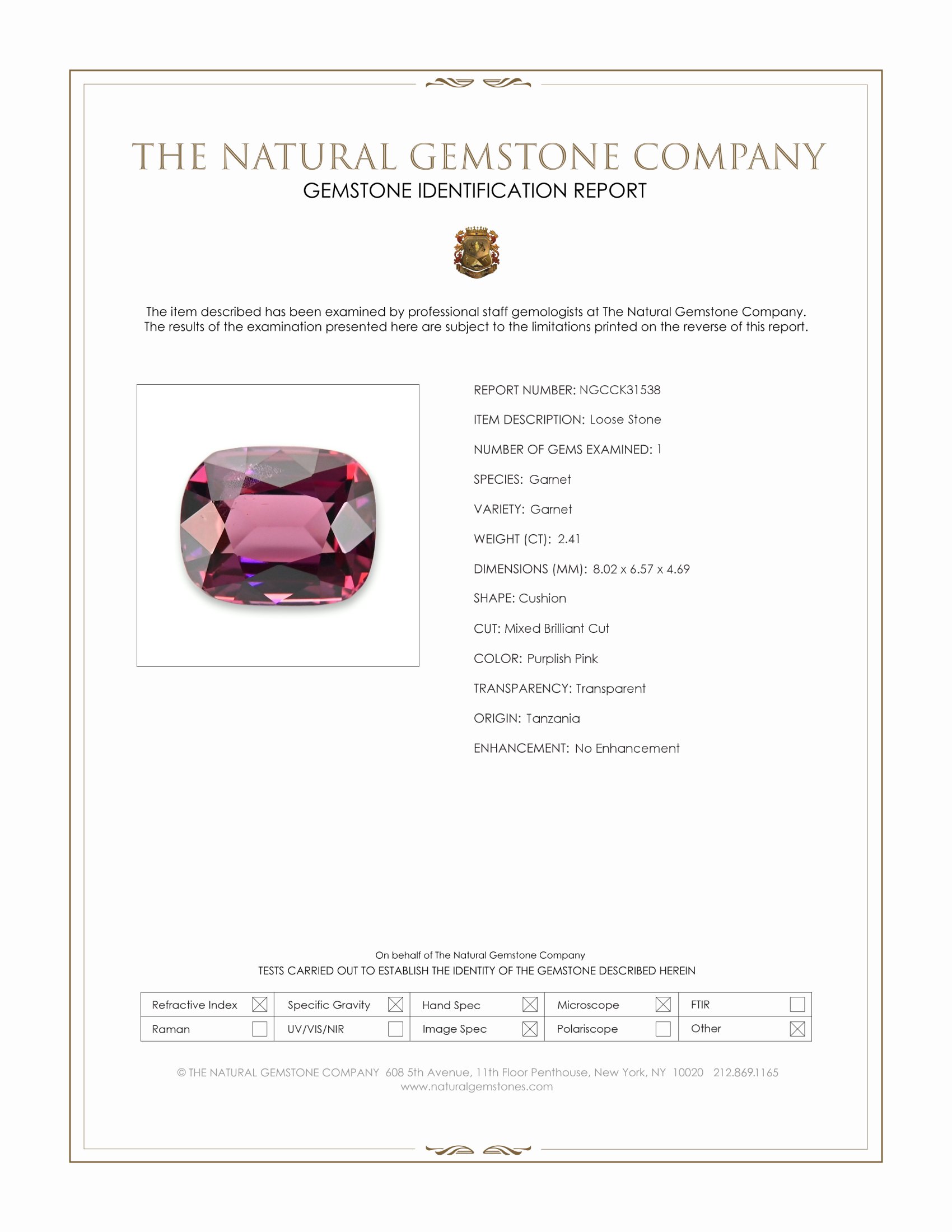 2.41 Ct. Purplish Pink Garnet from Tanzania