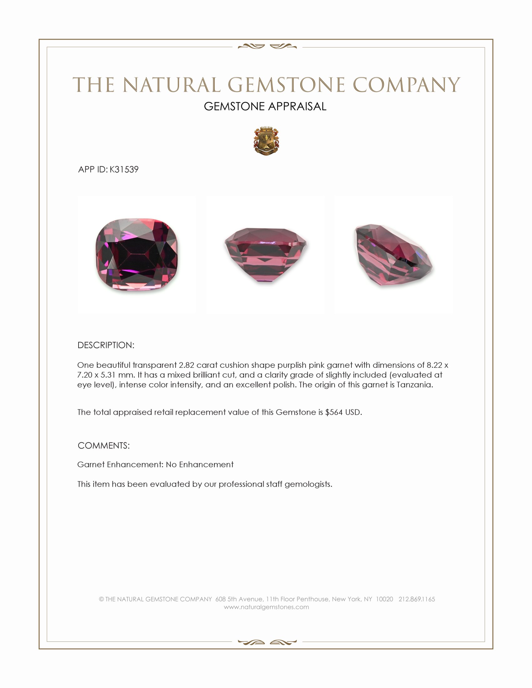 2.82 Ct. Purplish Pink Garnet from Tanzania