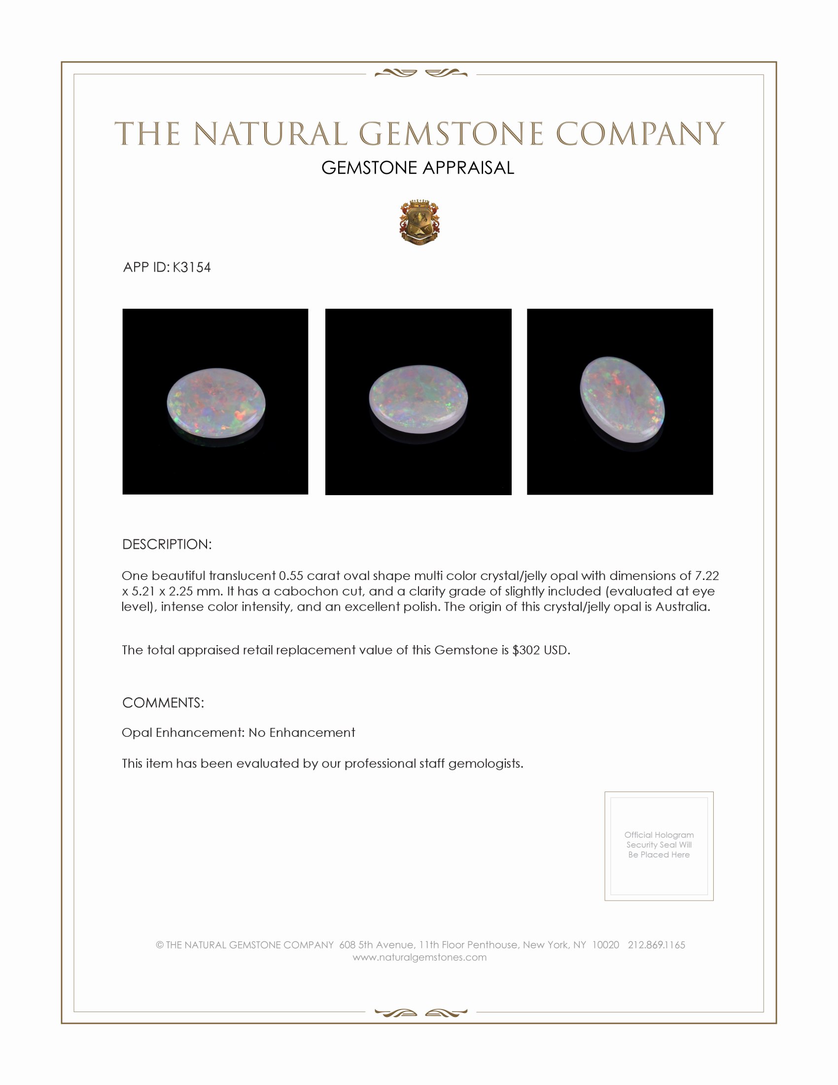 0.55 Ct. Cabochon Crystal/Jelly Opal from Australia