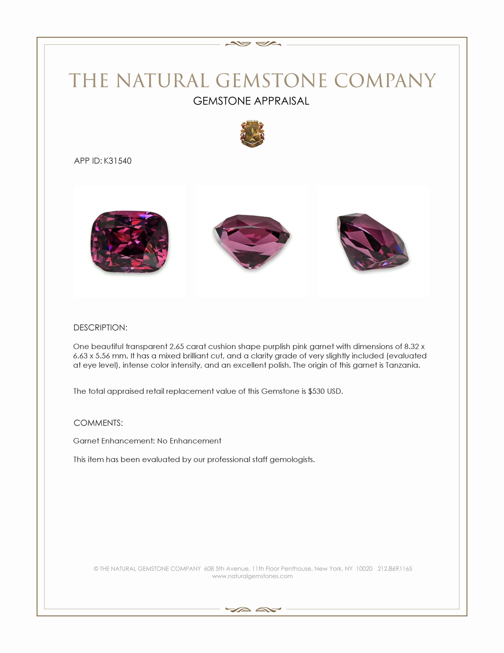 2.65 Ct. Purplish Pink Garnet from Tanzania