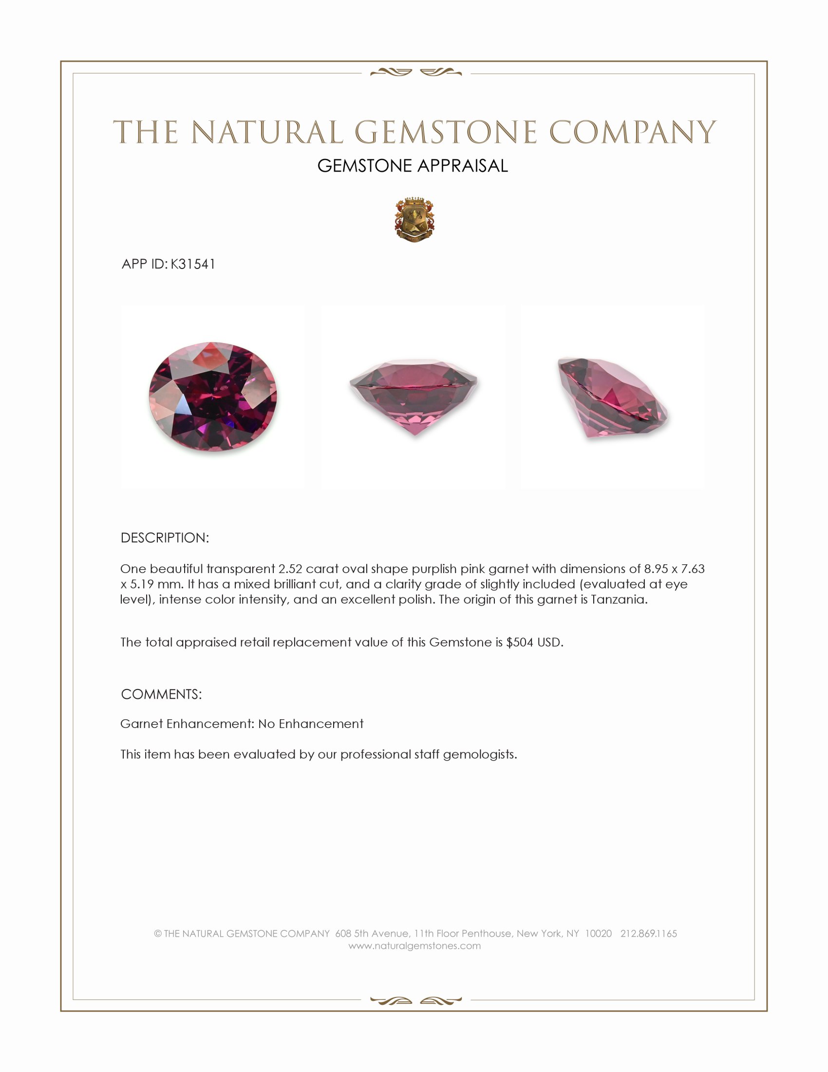 2.52 Ct. Purplish Pink Garnet from Tanzania