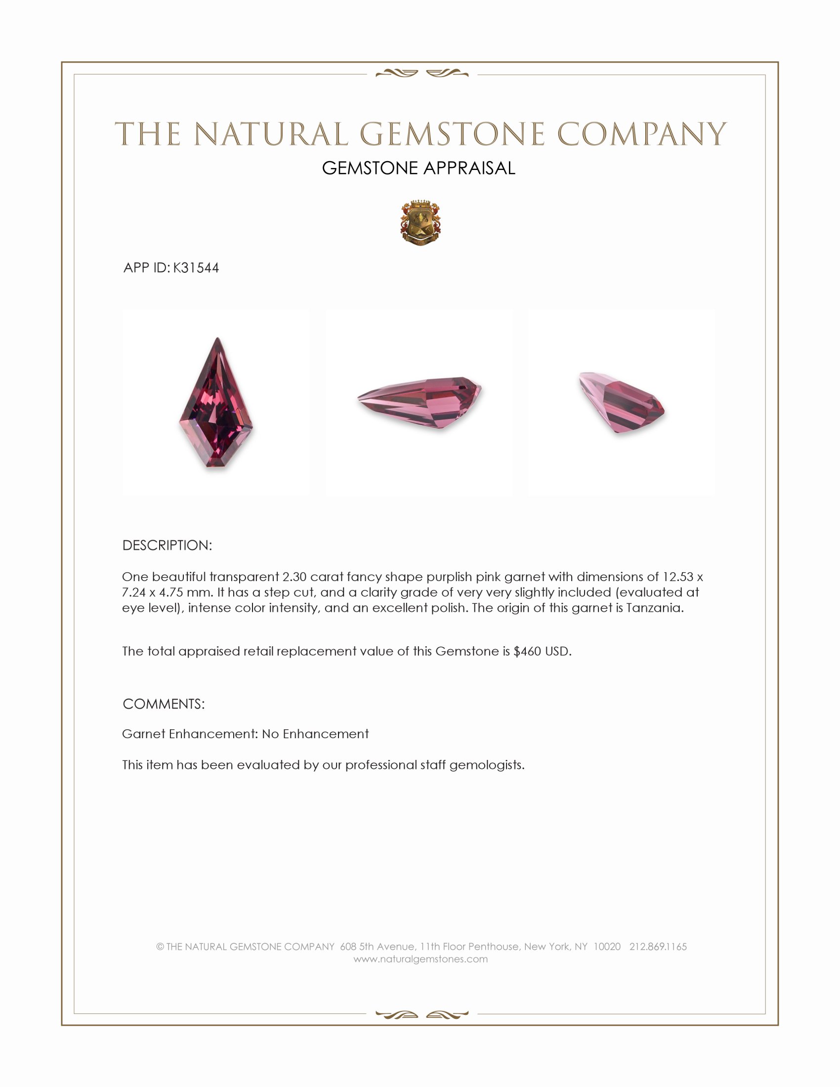 2.30 Ct. Purplish Pink Garnet from Tanzania