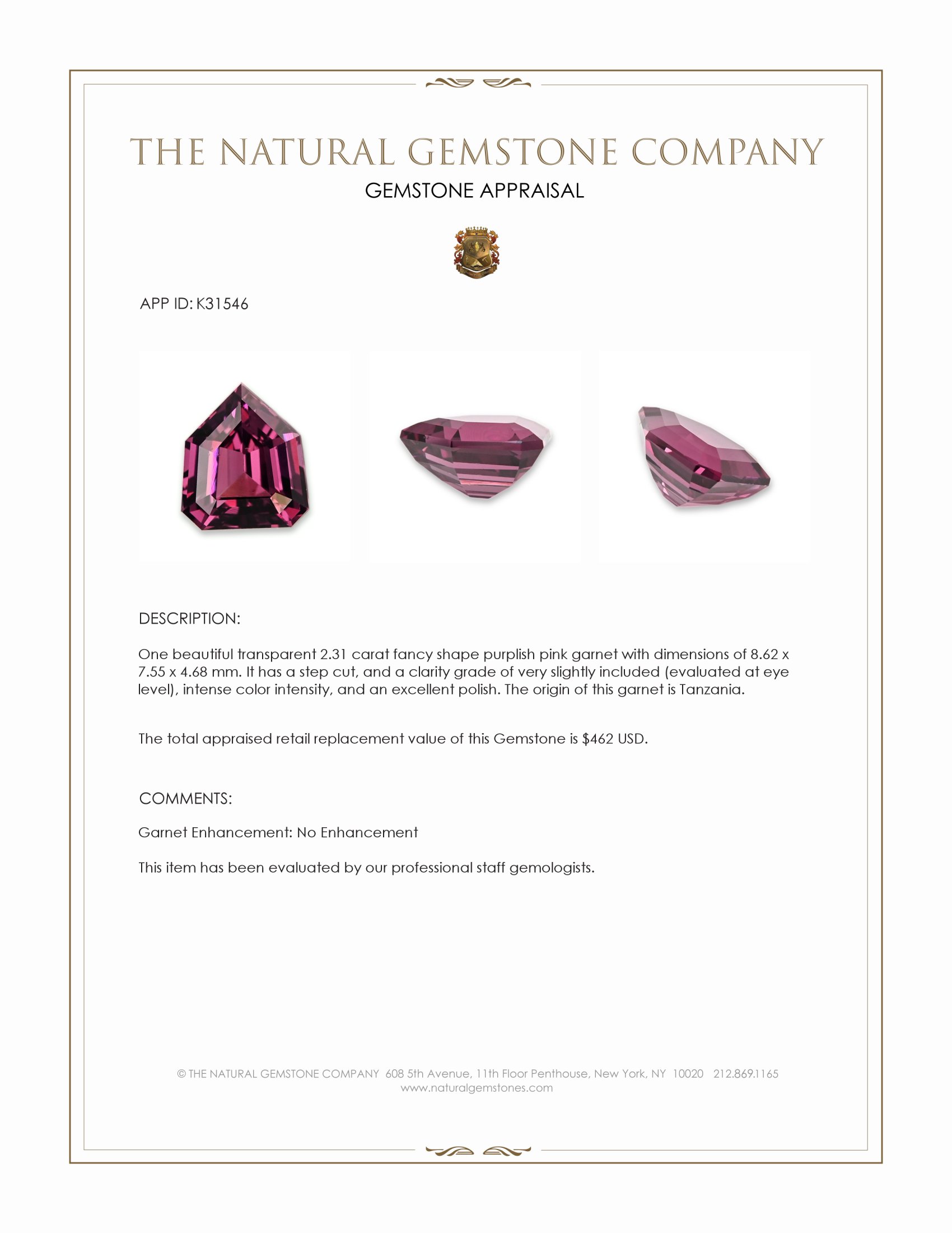 2.31 Ct. Purplish Pink Garnet from Tanzania