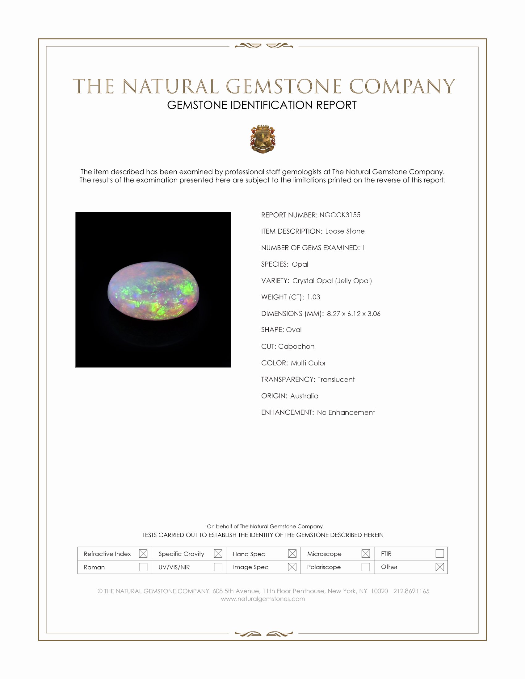 1.03 Ct. Multi Color Cabochon Crystal Opal (Jelly Opal) from Australia
