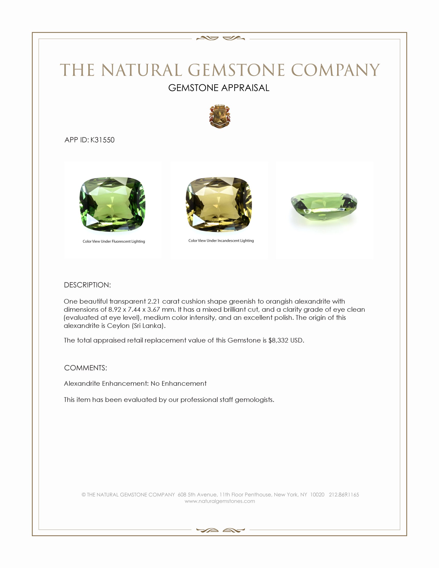 2.21 Ct. Alexandrite from Ceylon (Sri Lanka)