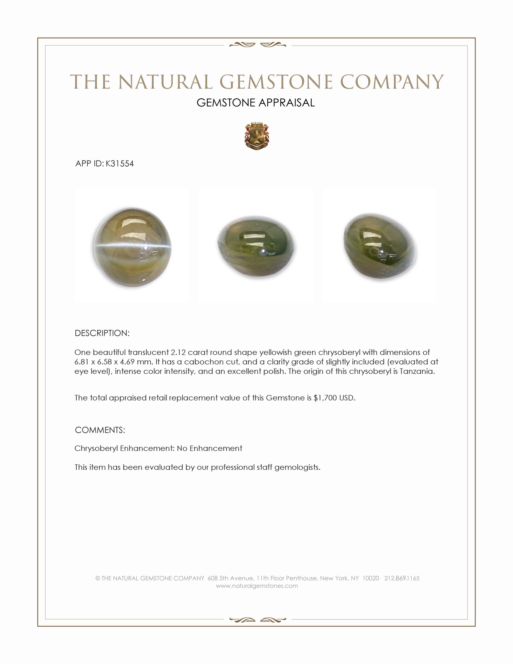 2.12 Ct. Yellowish Green Cabochon Chrysoberyl from Tanzania