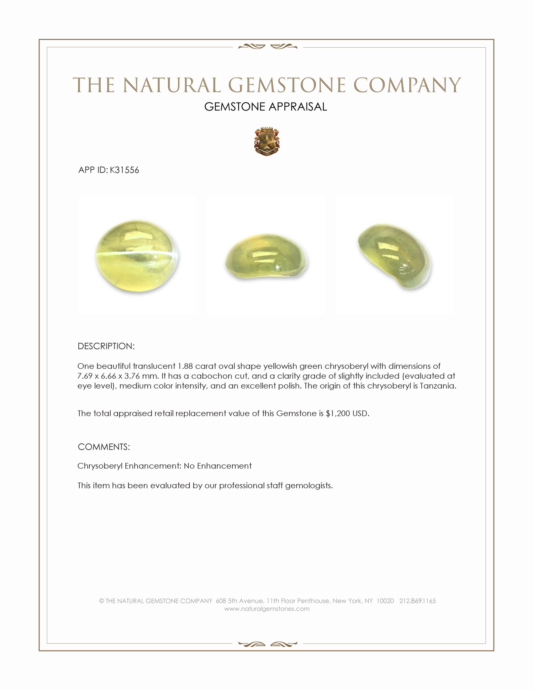 1.88 Ct. Yellowish Green Cabochon Chrysoberyl from Tanzania