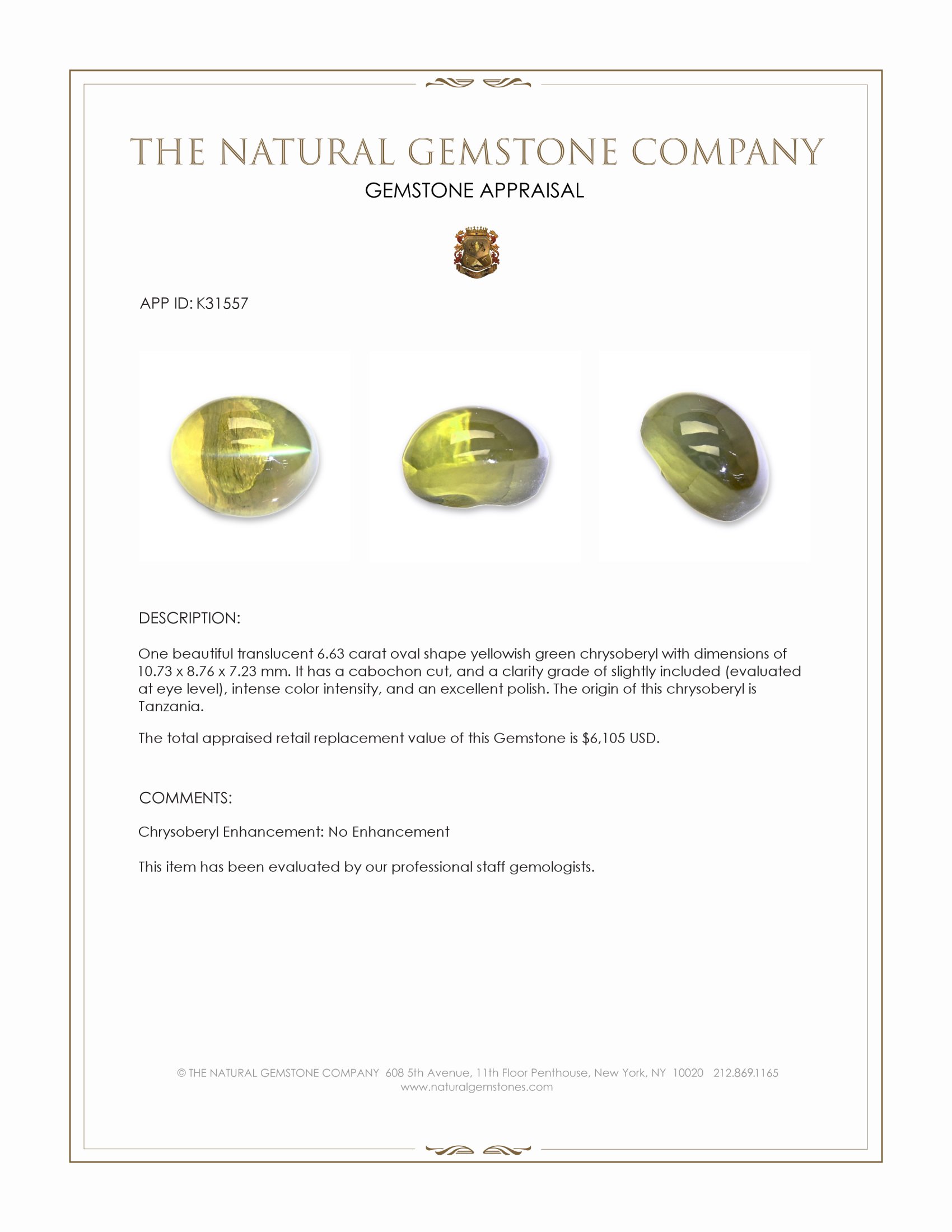 6.63 Ct. Yellowish Green Cabochon Chrysoberyl from Tanzania
