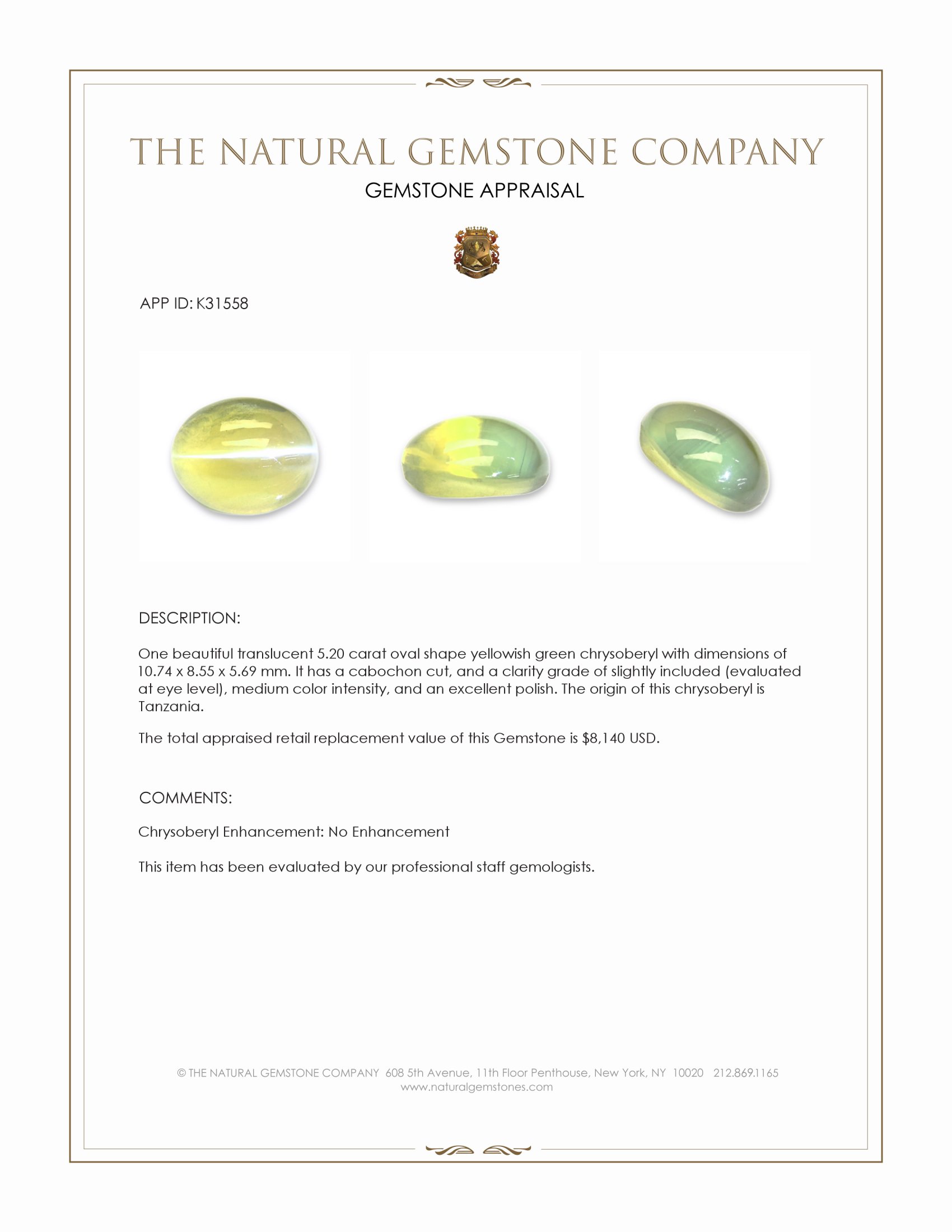 5.20 Ct. Yellowish Green Cabochon Chrysoberyl from Tanzania