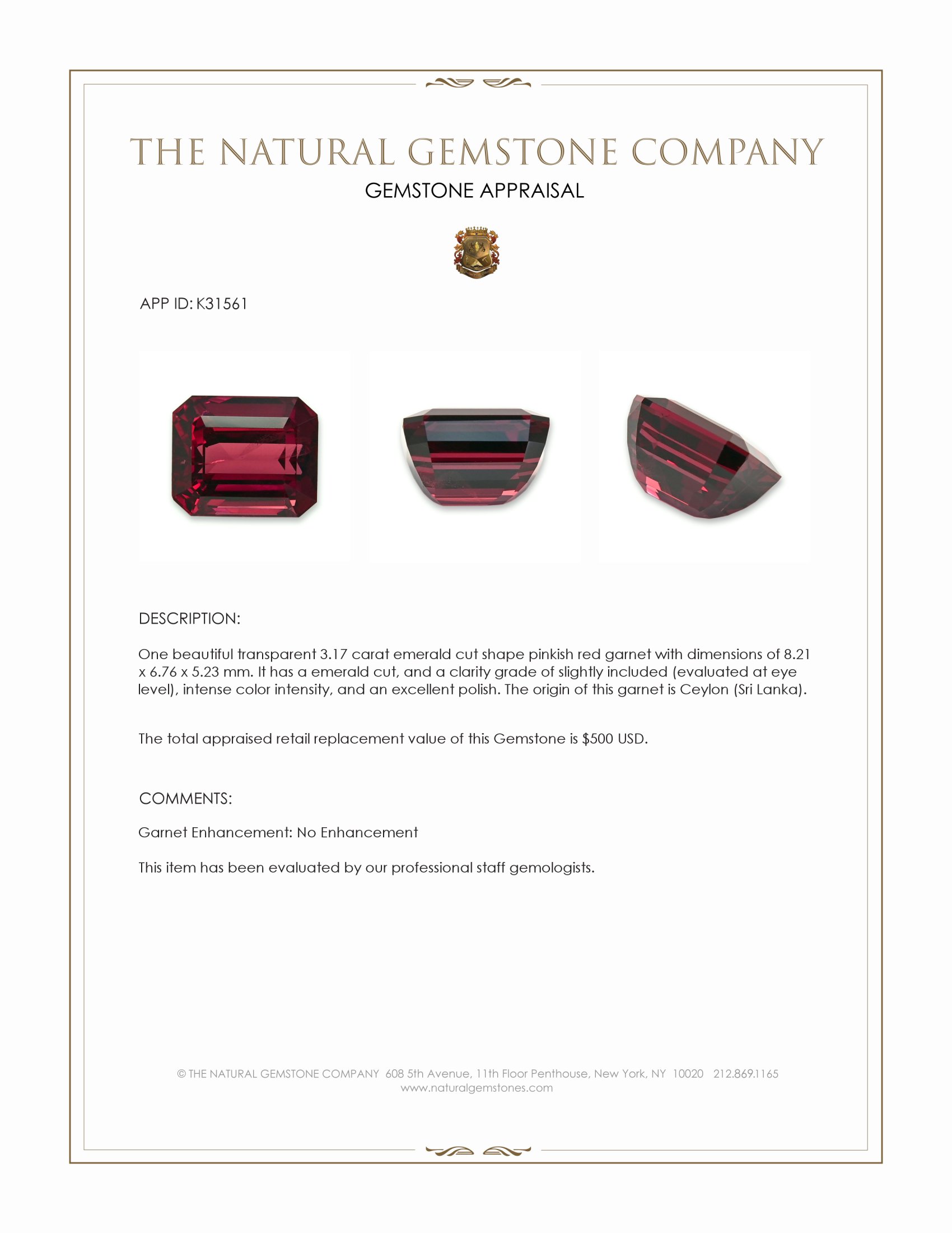 3.17 Ct. Pinkish Red Garnet from Ceylon (Sri Lanka)