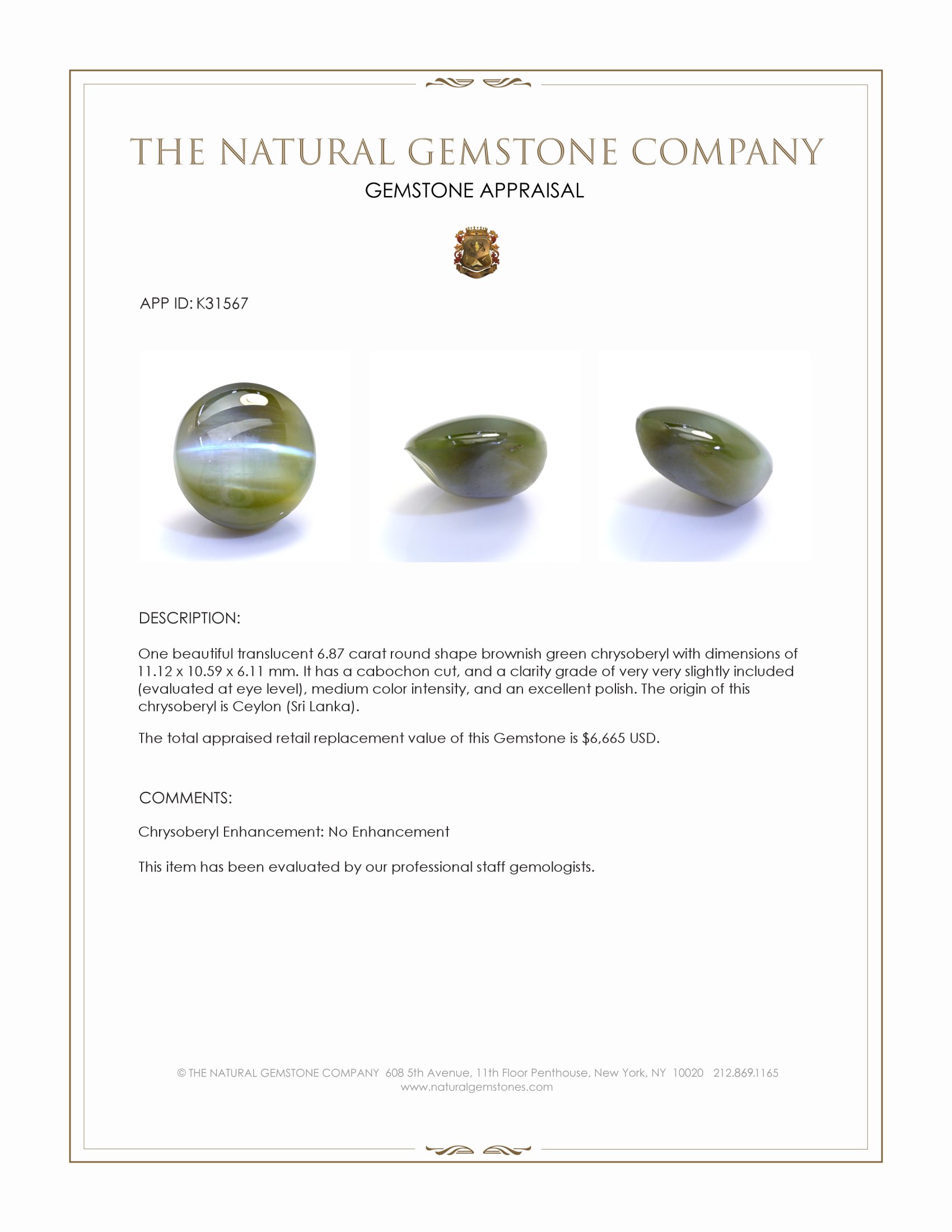 6.87 Ct. Brownish Green Cabochon Chrysoberyl from Ceylon (Sri Lanka)