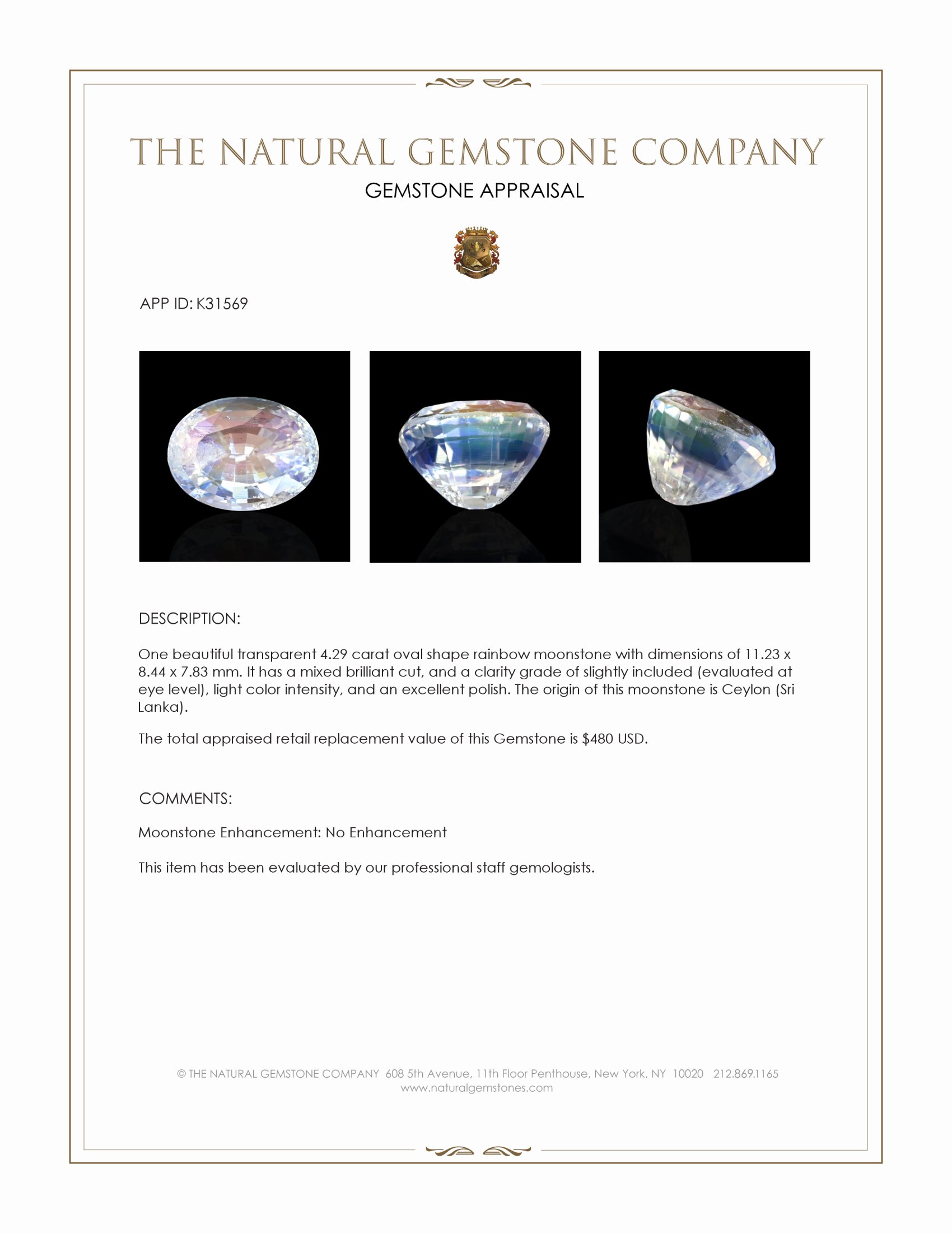 4.29 Ct. Rainbow Moonstone from Ceylon (Sri Lanka)