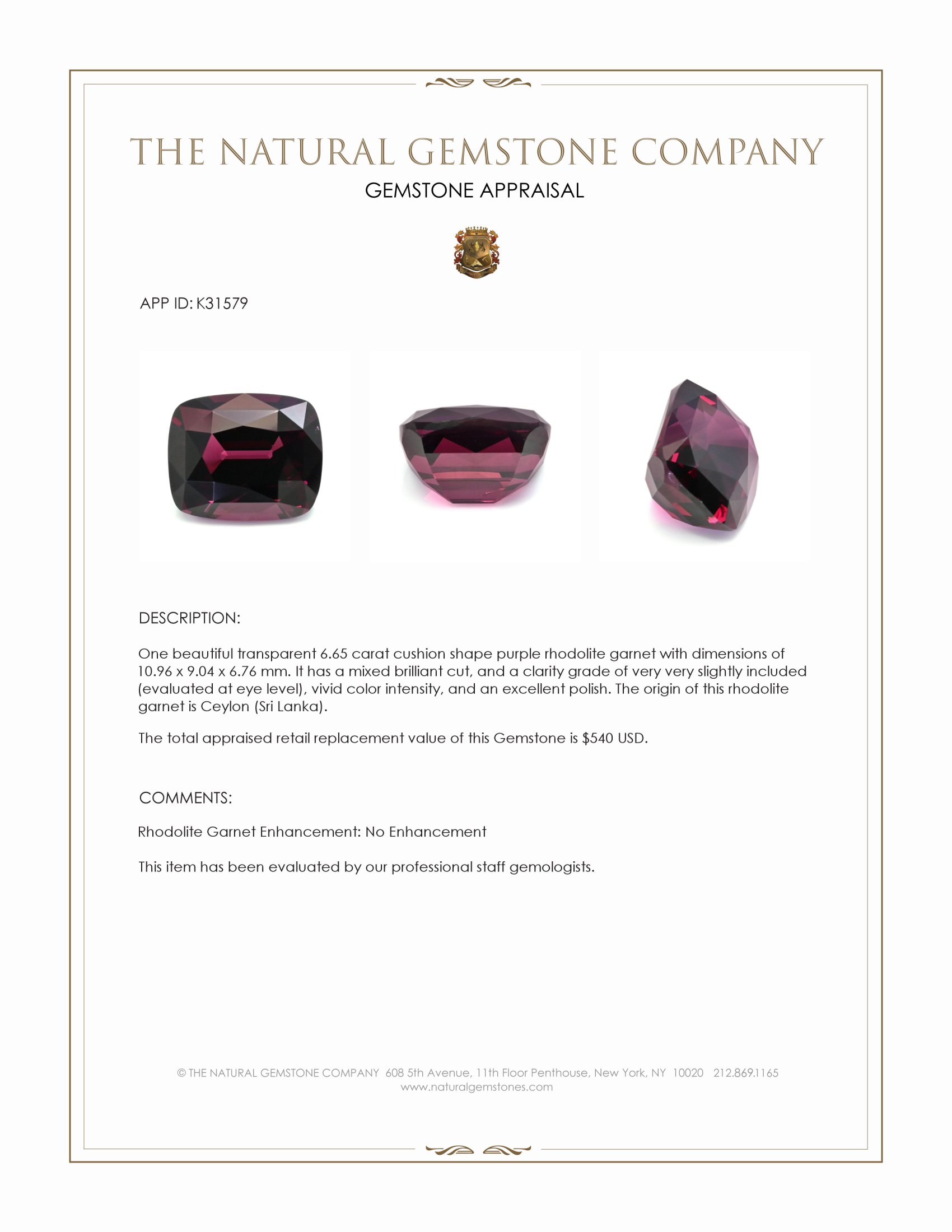 6.65 Ct. Purple Rhodolite Garnet from Ceylon (Sri Lanka)