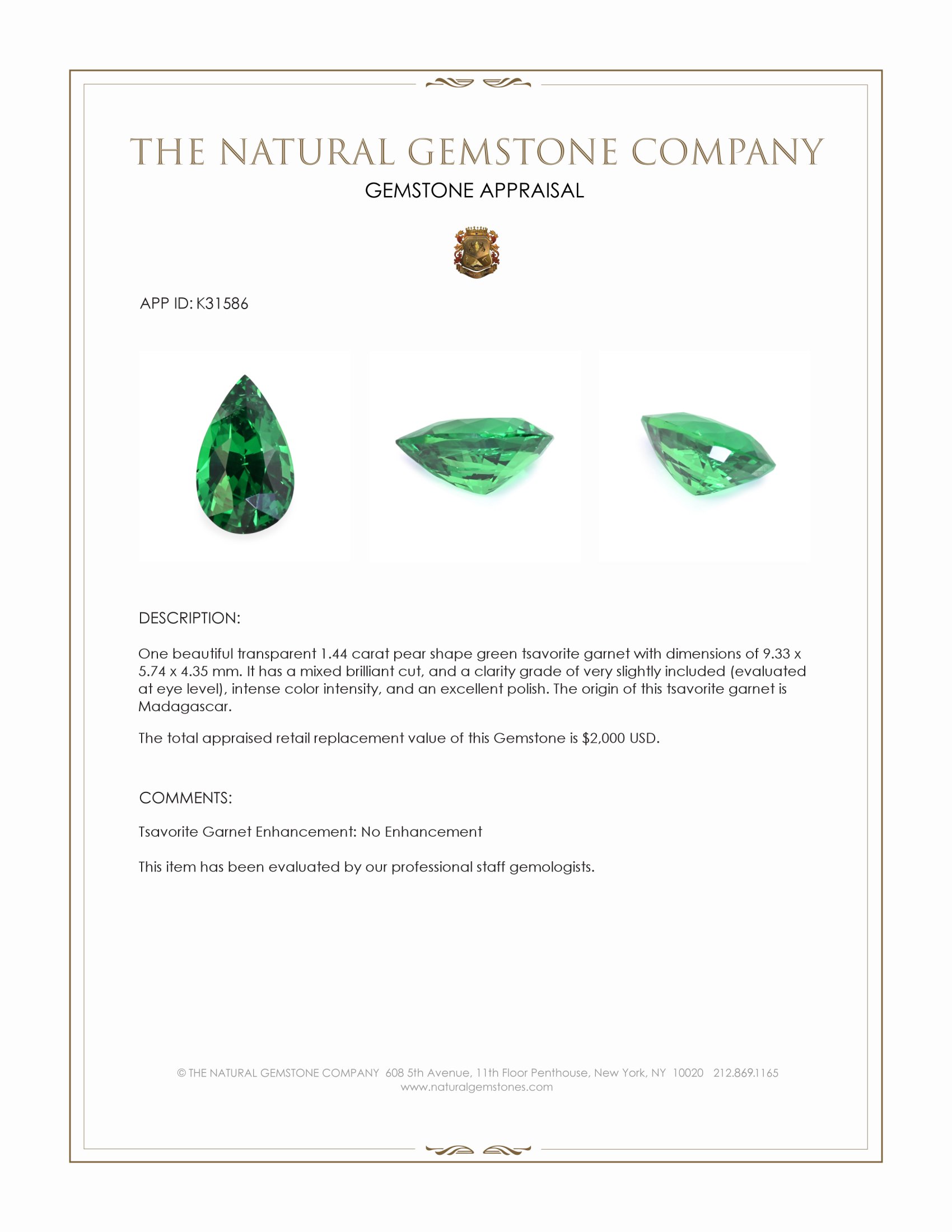 1.44 Ct. Tsavorite Garnet from Madagascar
