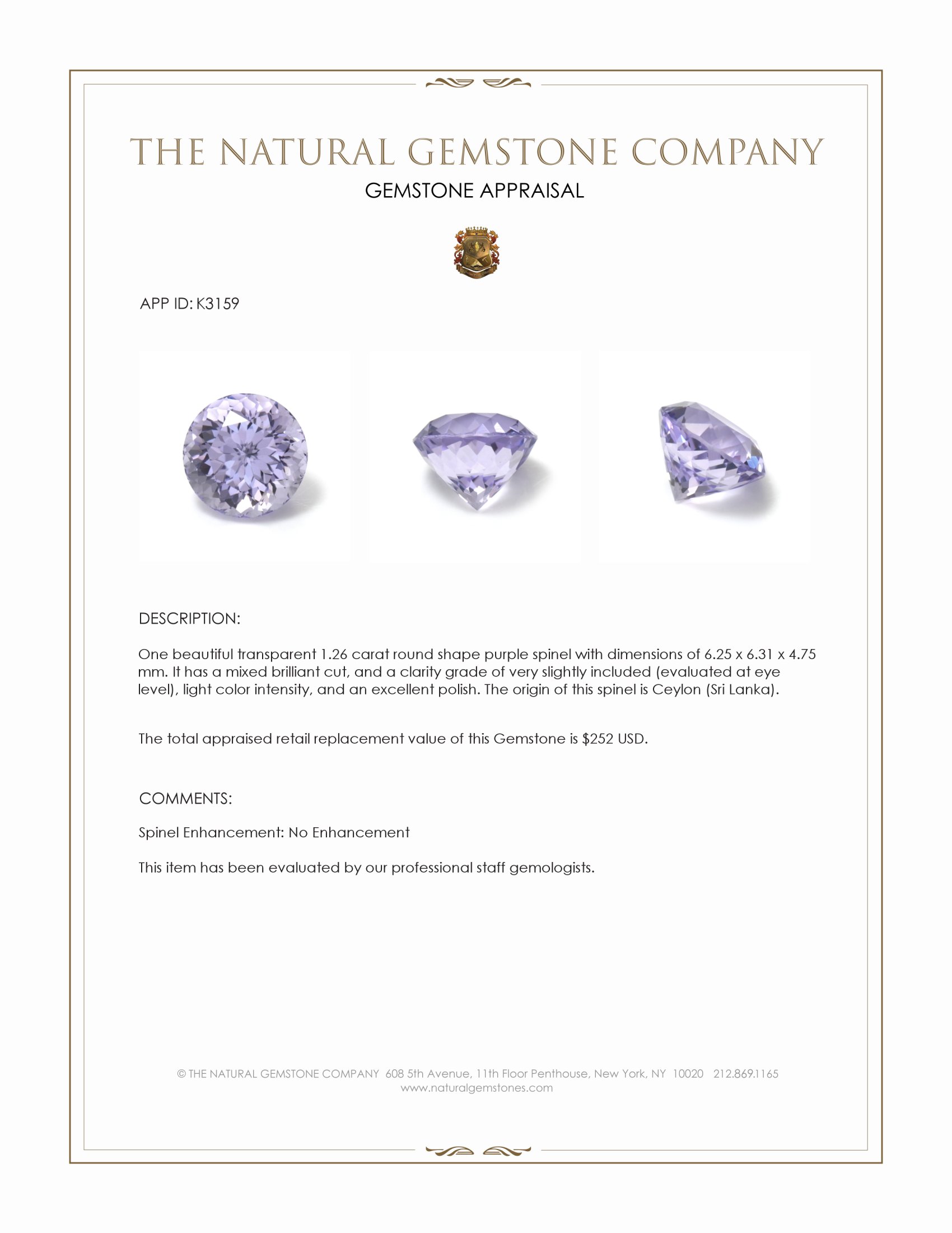 1.26 Ct. Spinel from Ceylon (Sri Lanka)