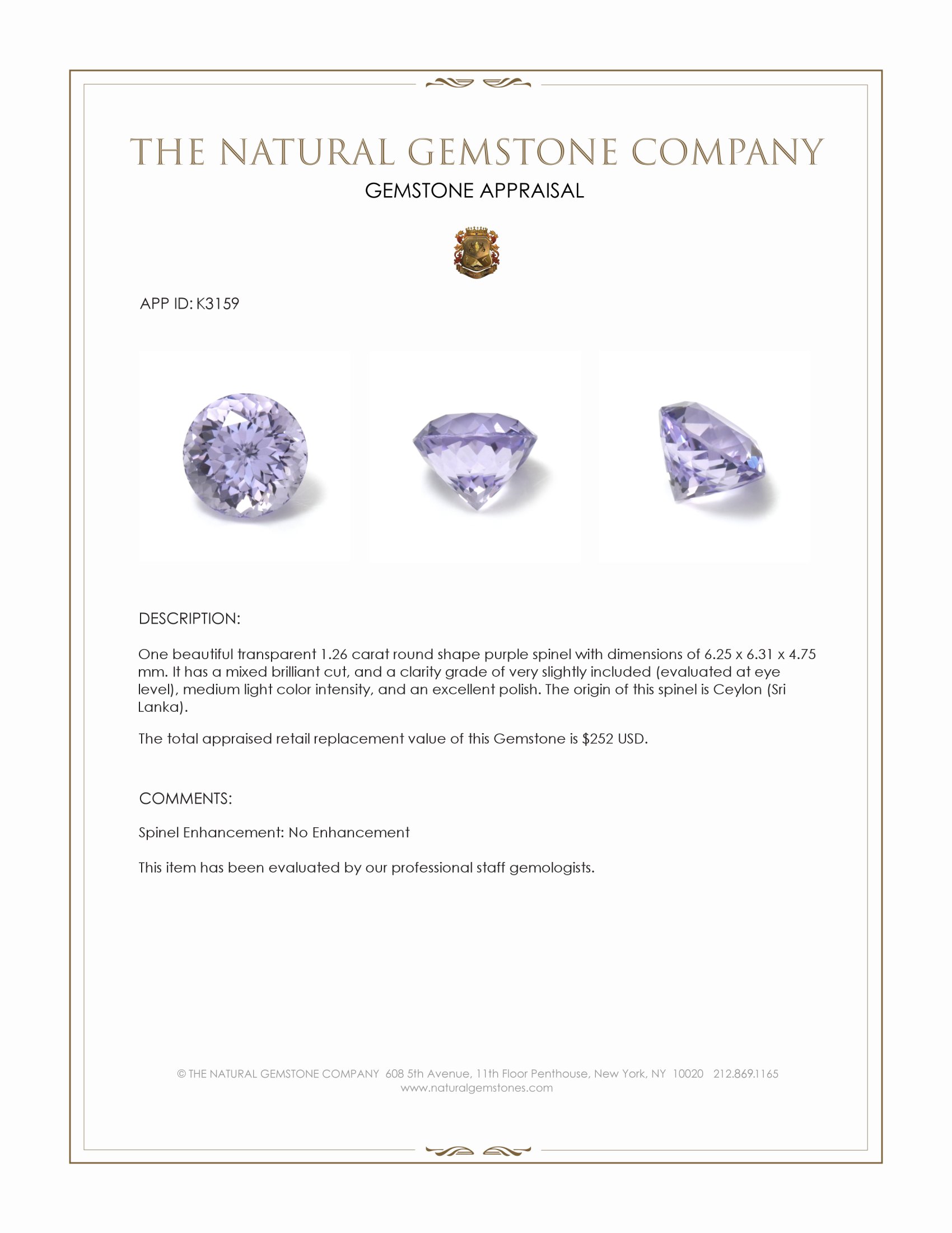 1.26 Ct. Spinel from Ceylon (Sri Lanka)