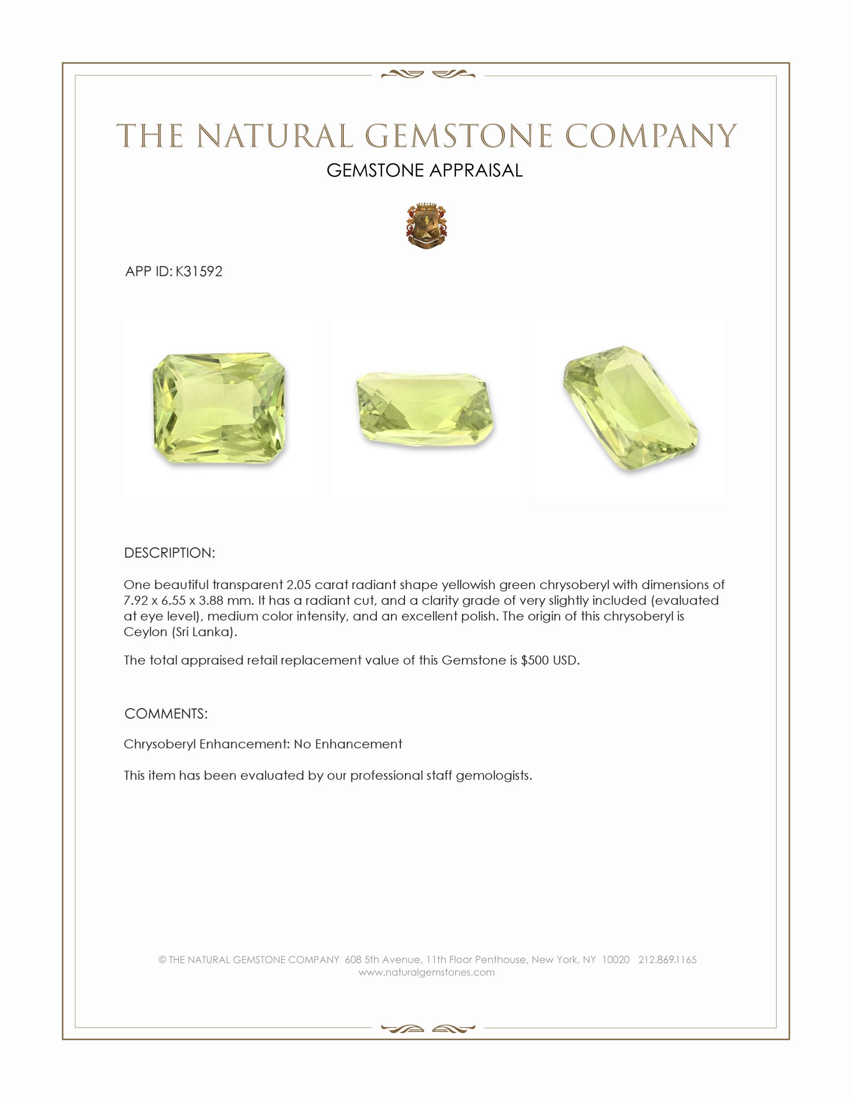 2.05 Ct. Yellowish Green Chrysoberyl from Ceylon (Sri Lanka)