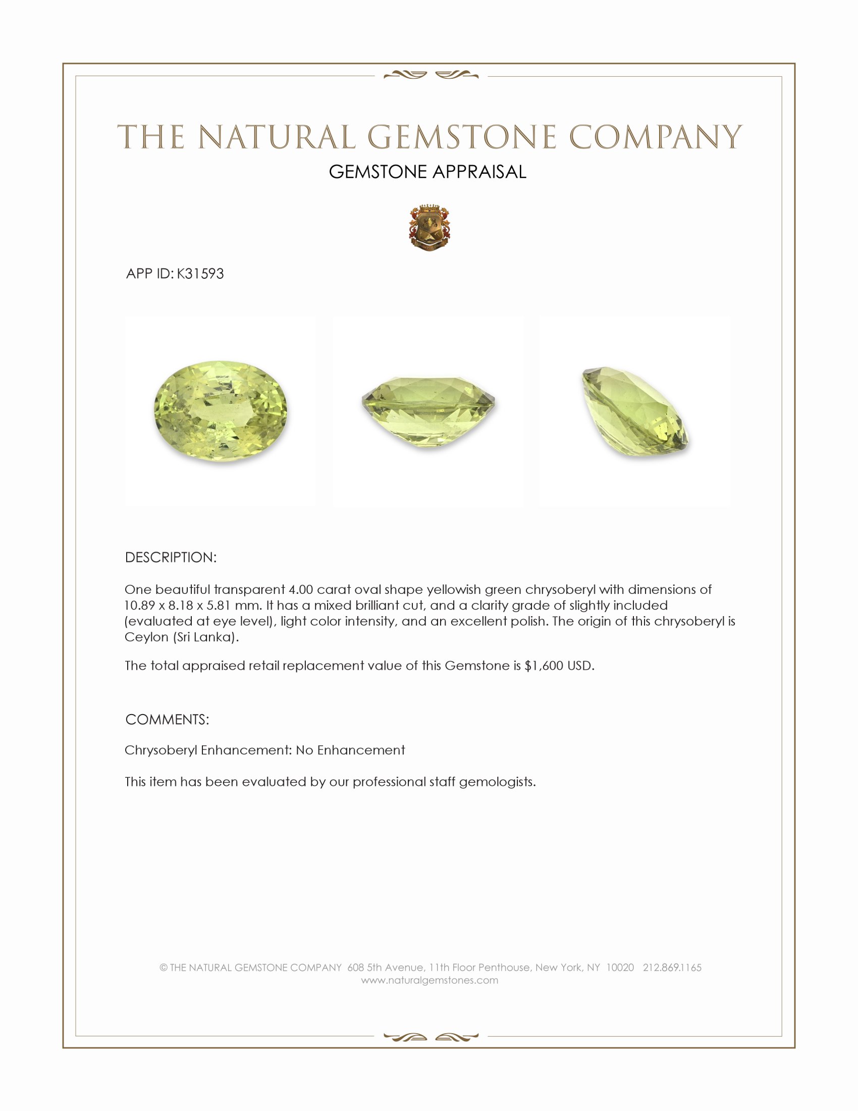 4.00 Ct. Yellowish Green Chrysoberyl from Ceylon (Sri Lanka)