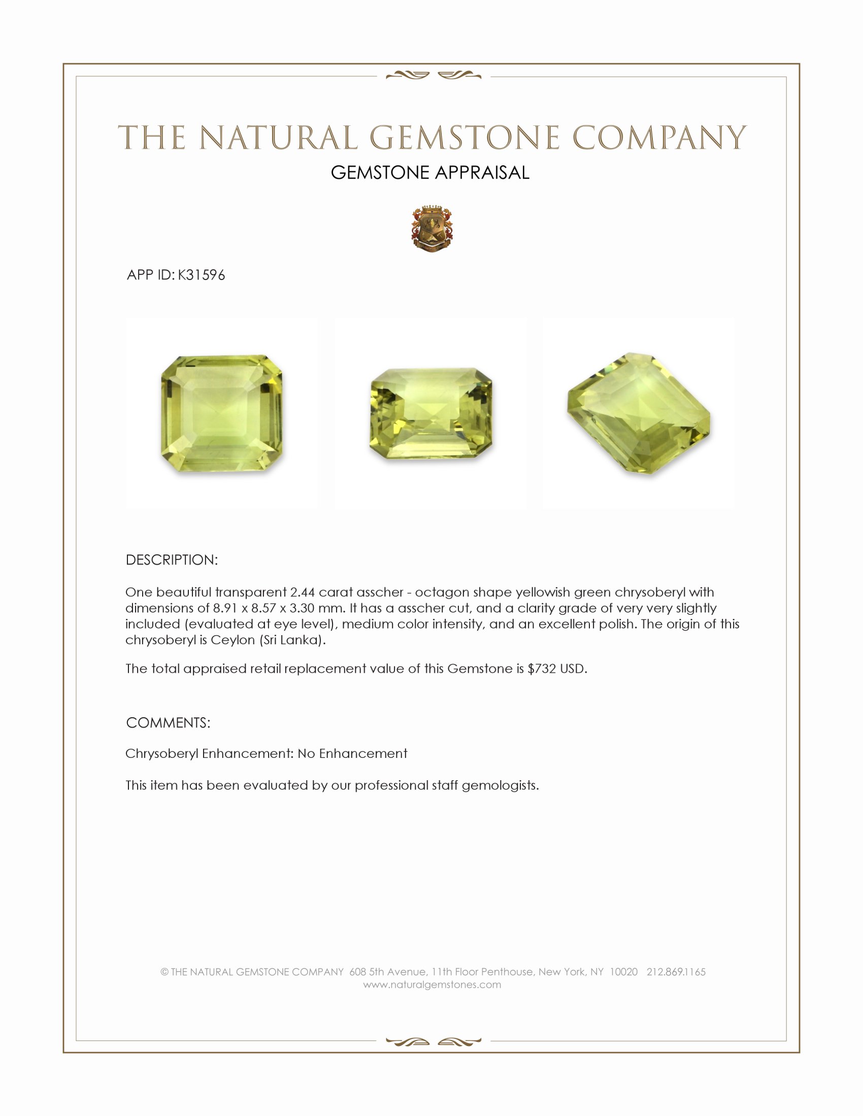 2.44 Ct. Yellowish Green Chrysoberyl from Ceylon (Sri Lanka)