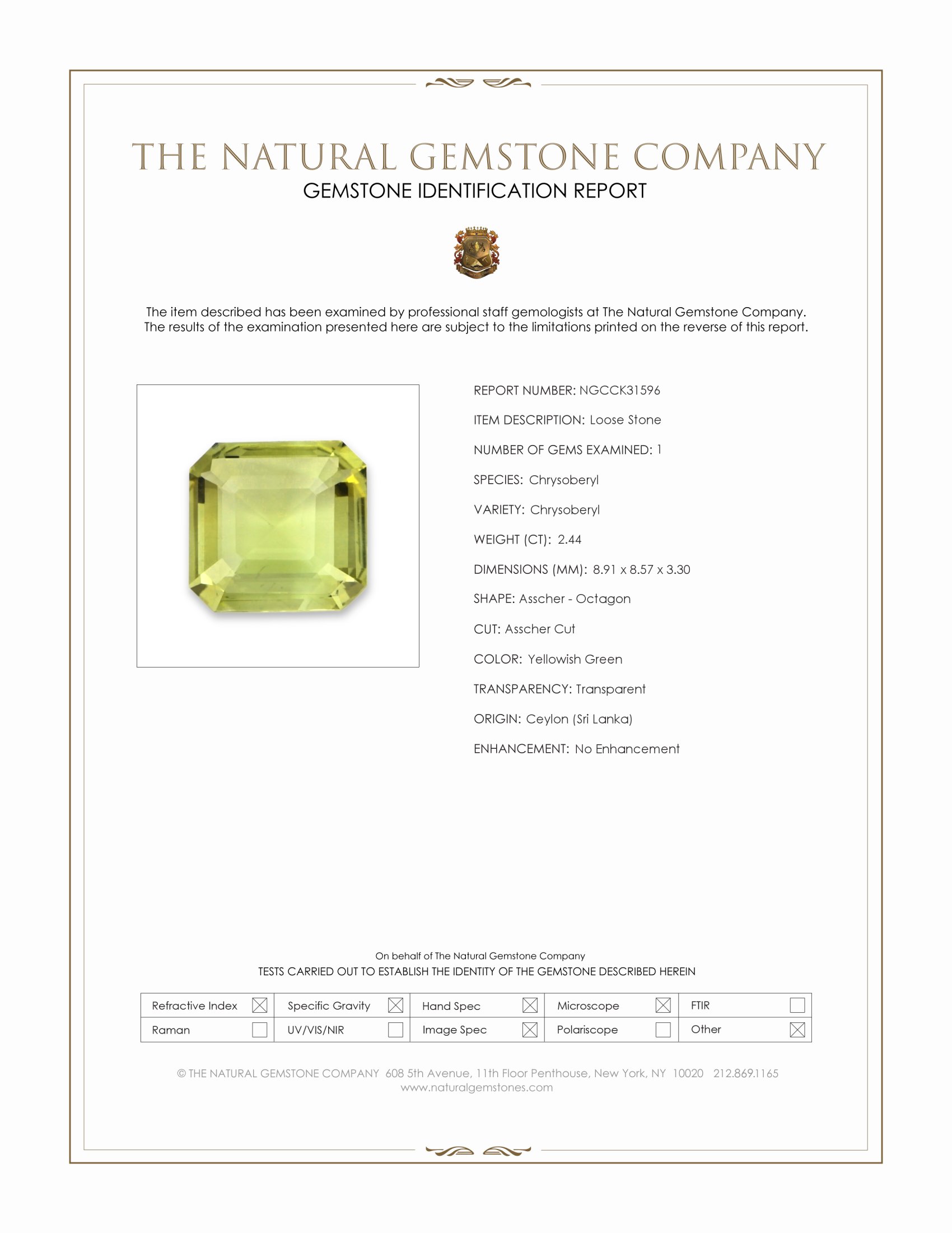 2.44 Ct. Yellowish Green Chrysoberyl from Ceylon (Sri Lanka)