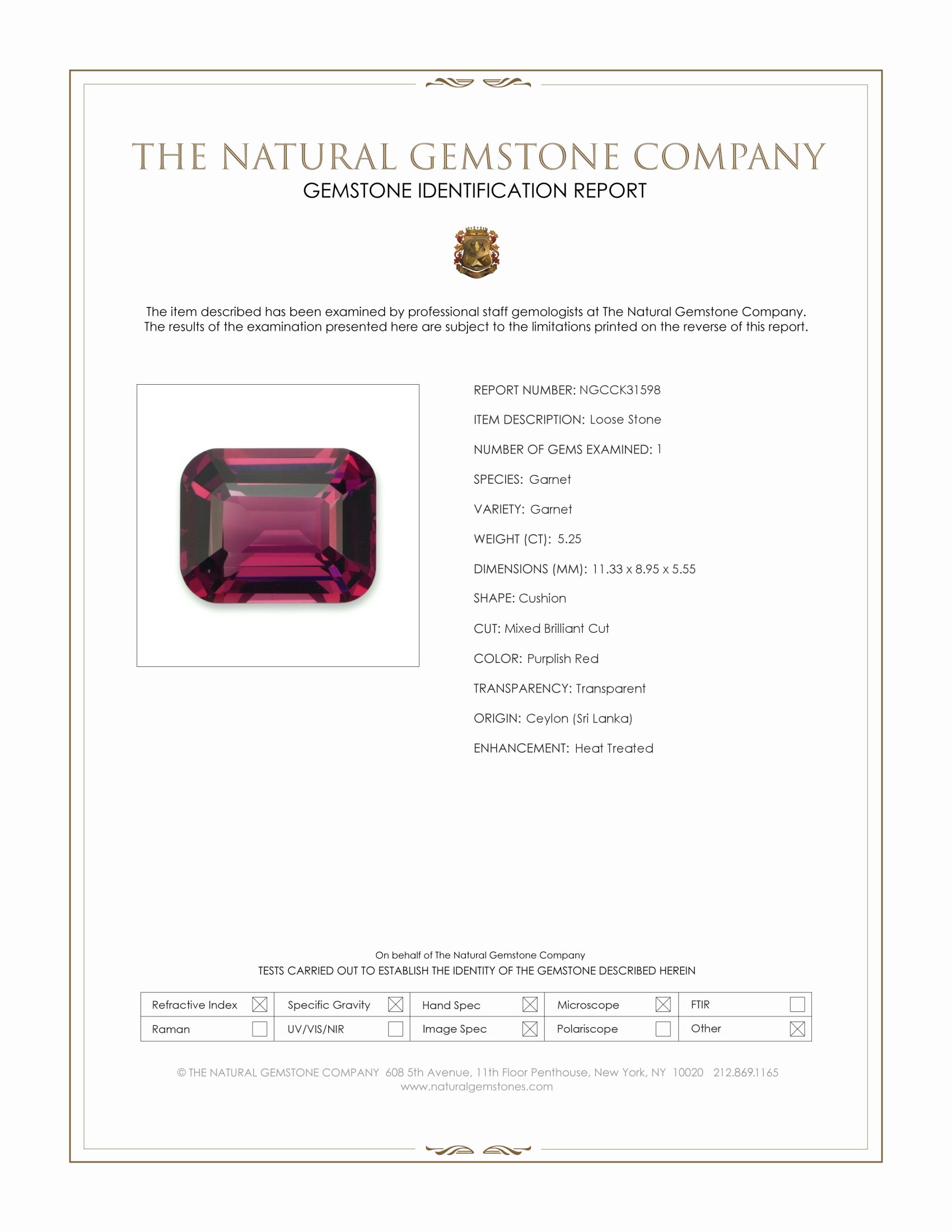 5.25 Ct. Purplish Red Garnet from Ceylon (Sri Lanka)