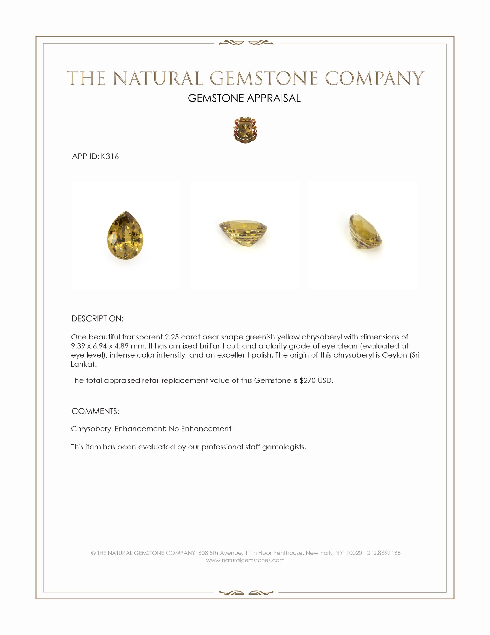 2.25 Ct. Chrysoberyl from Ceylon (Sri Lanka)