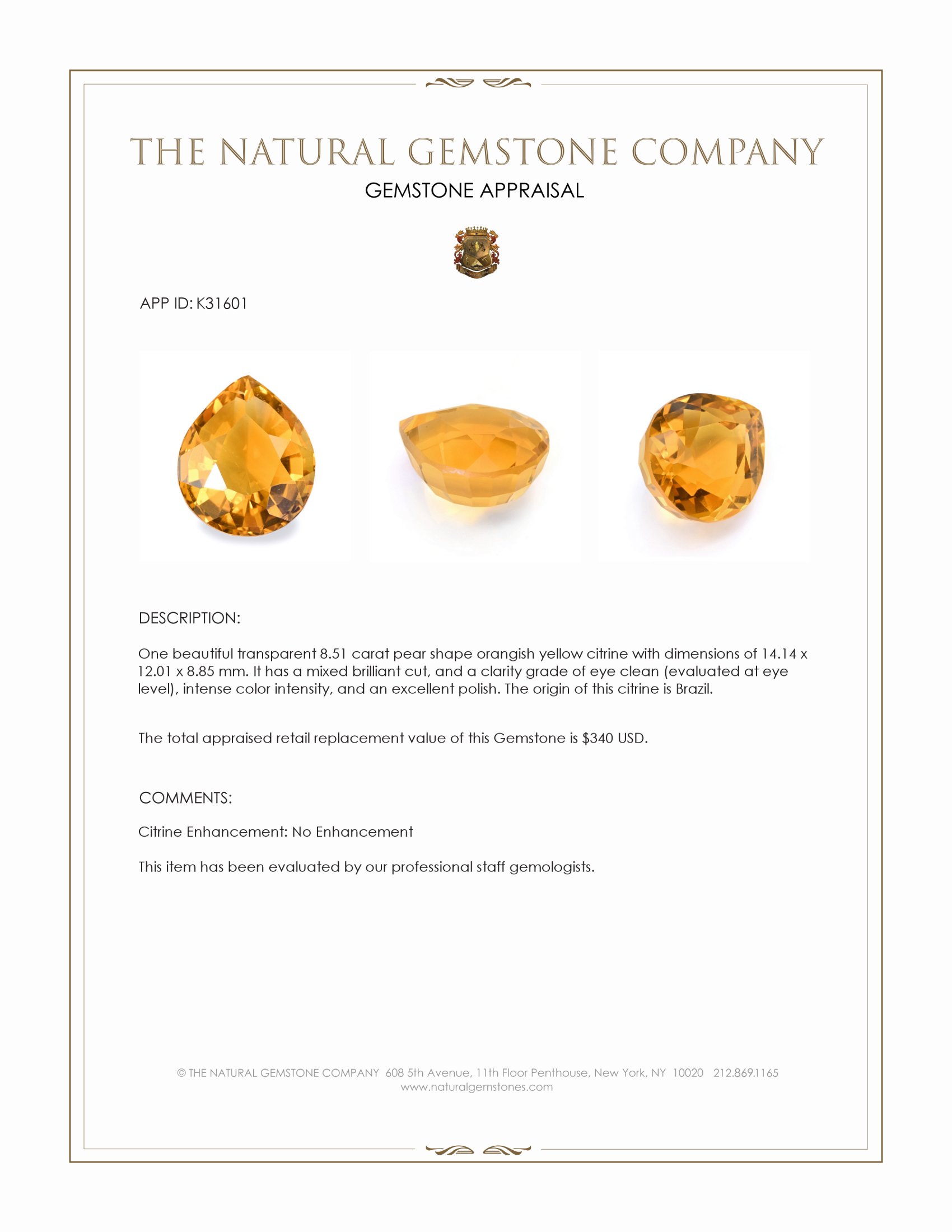 8.51 Ct. Orangish Yellow Citrine from Brazil