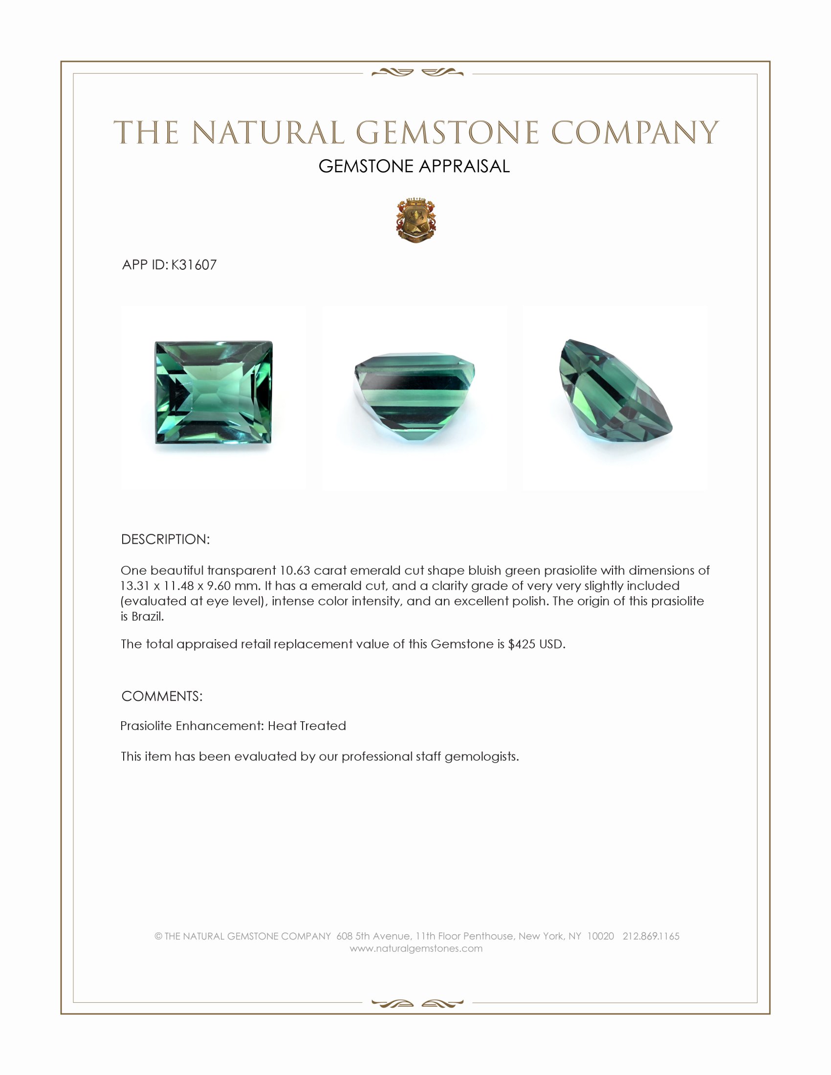 10.63 Ct. Bluish Green Prasiolite from Brazil