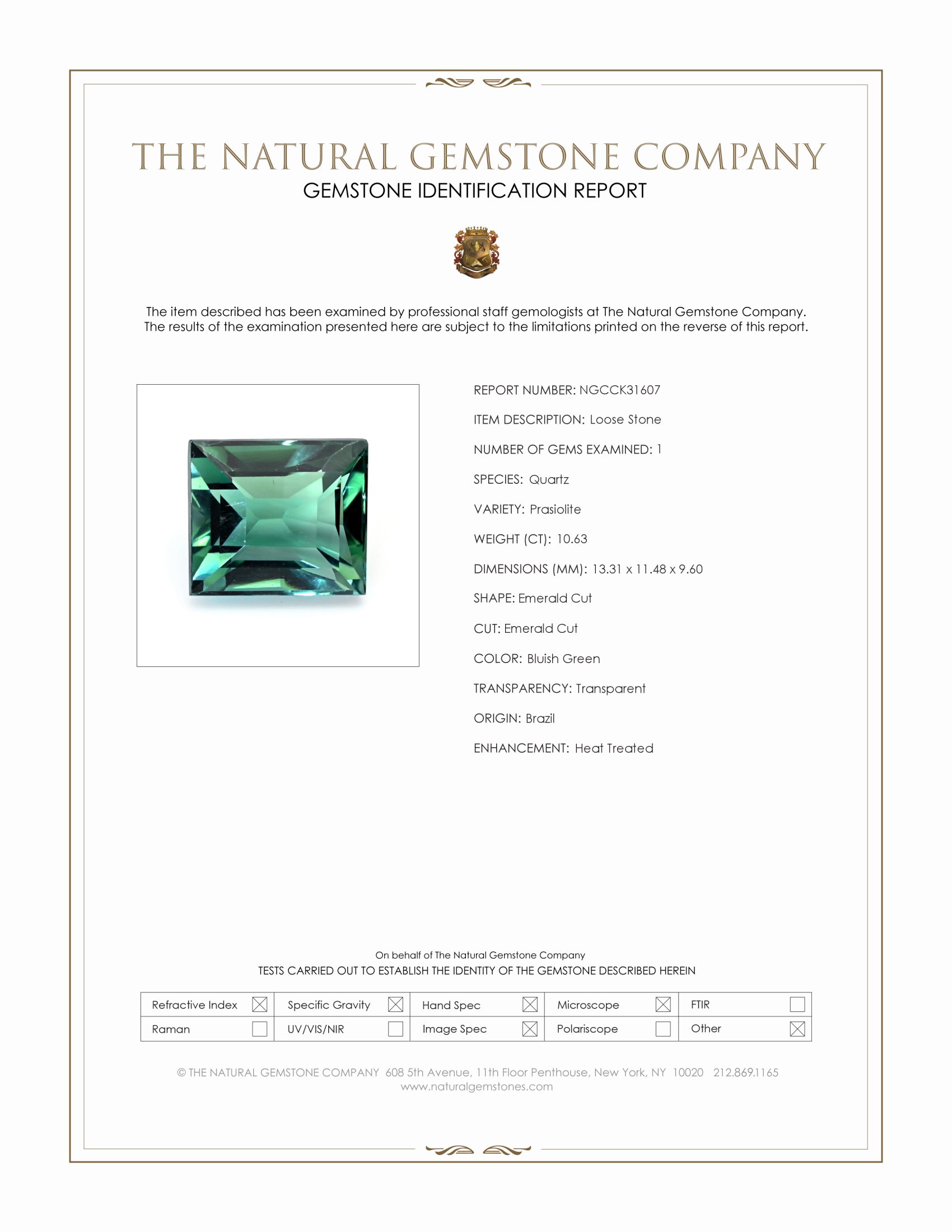 10.63 Ct. Bluish Green Prasiolite from Brazil
