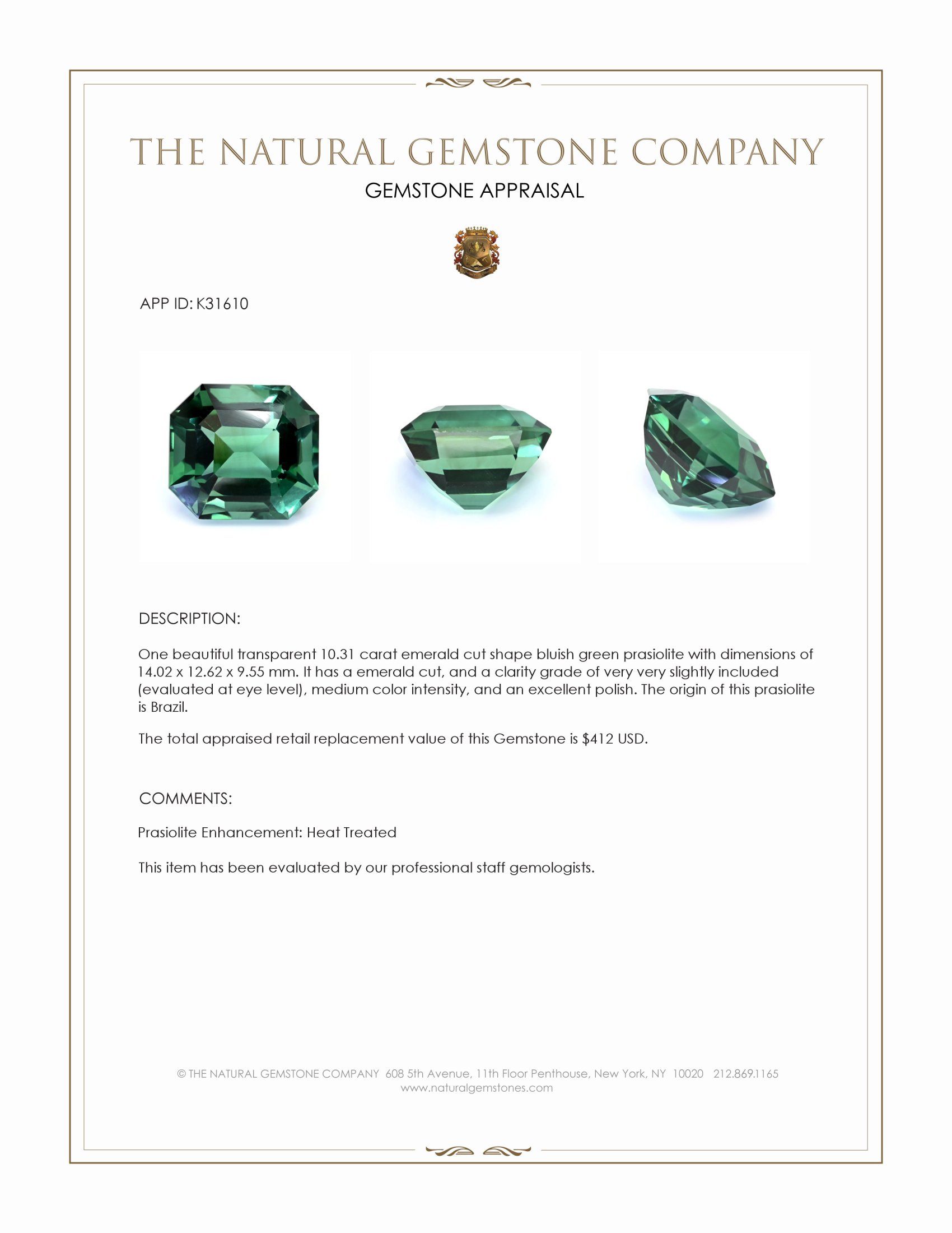 10.31 Ct. Bluish Green Prasiolite from Brazil