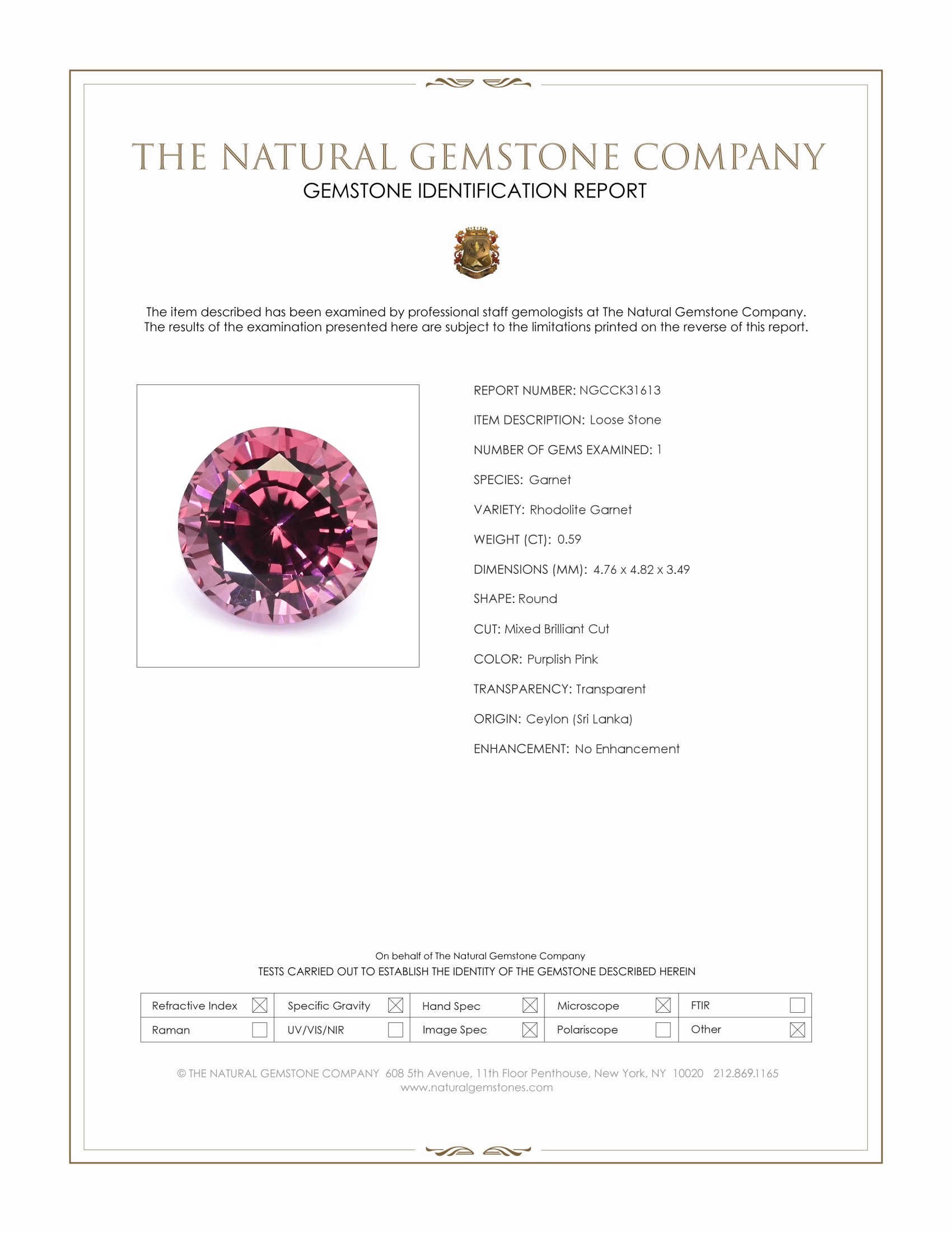 0.59 Ct. Purplish Pink Rhodolite Garnet from Ceylon (Sri Lanka)