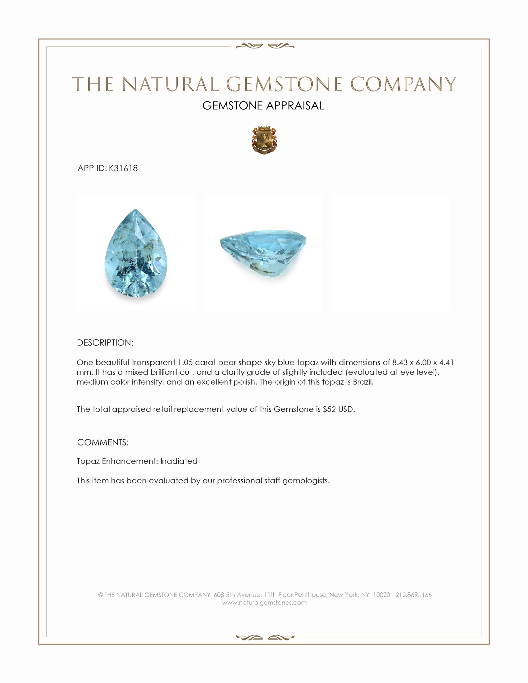 1.05 Ct. Sky Blue Topaz from Brazil