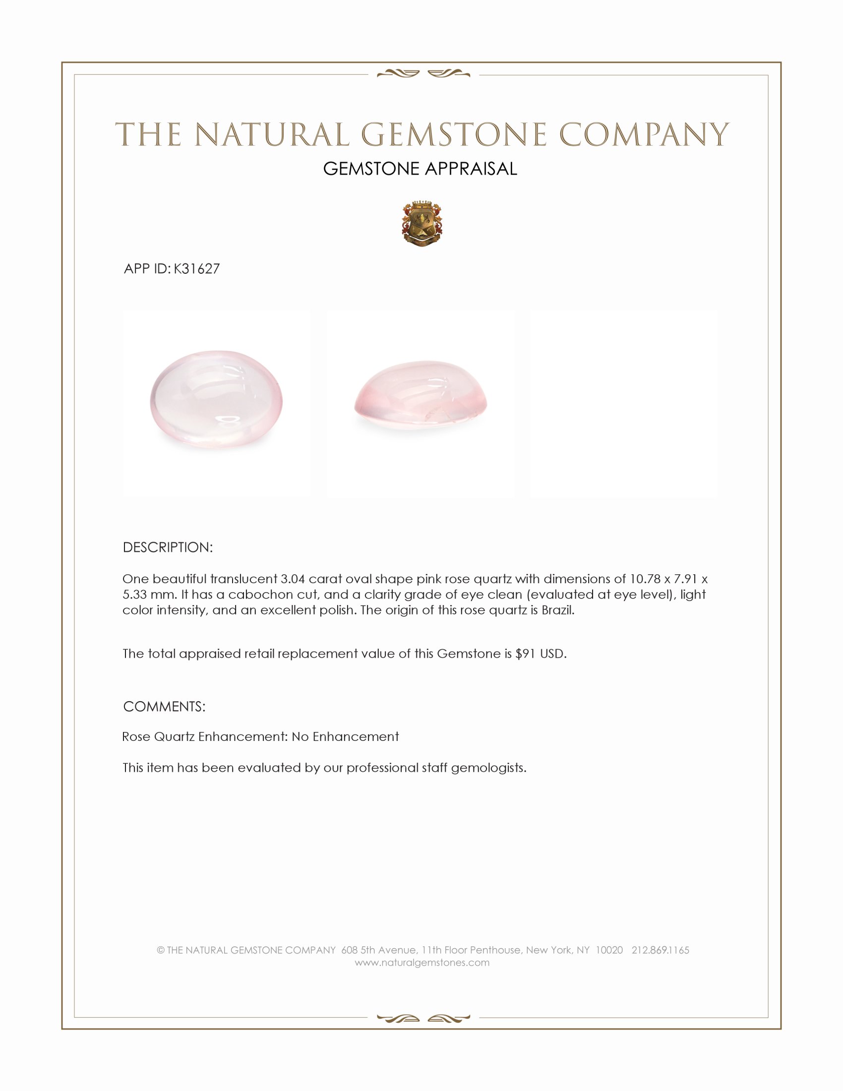 3.04 Ct. Pink Cabochon Rose Quartz from Brazil