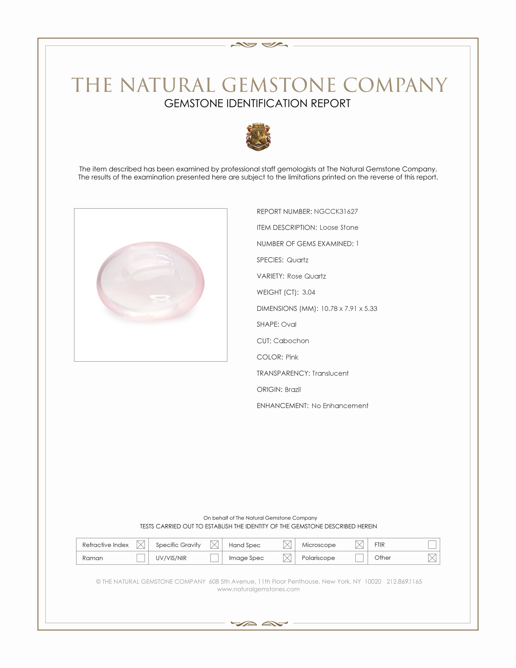 3.04 Ct. Pink Cabochon Rose Quartz from Brazil