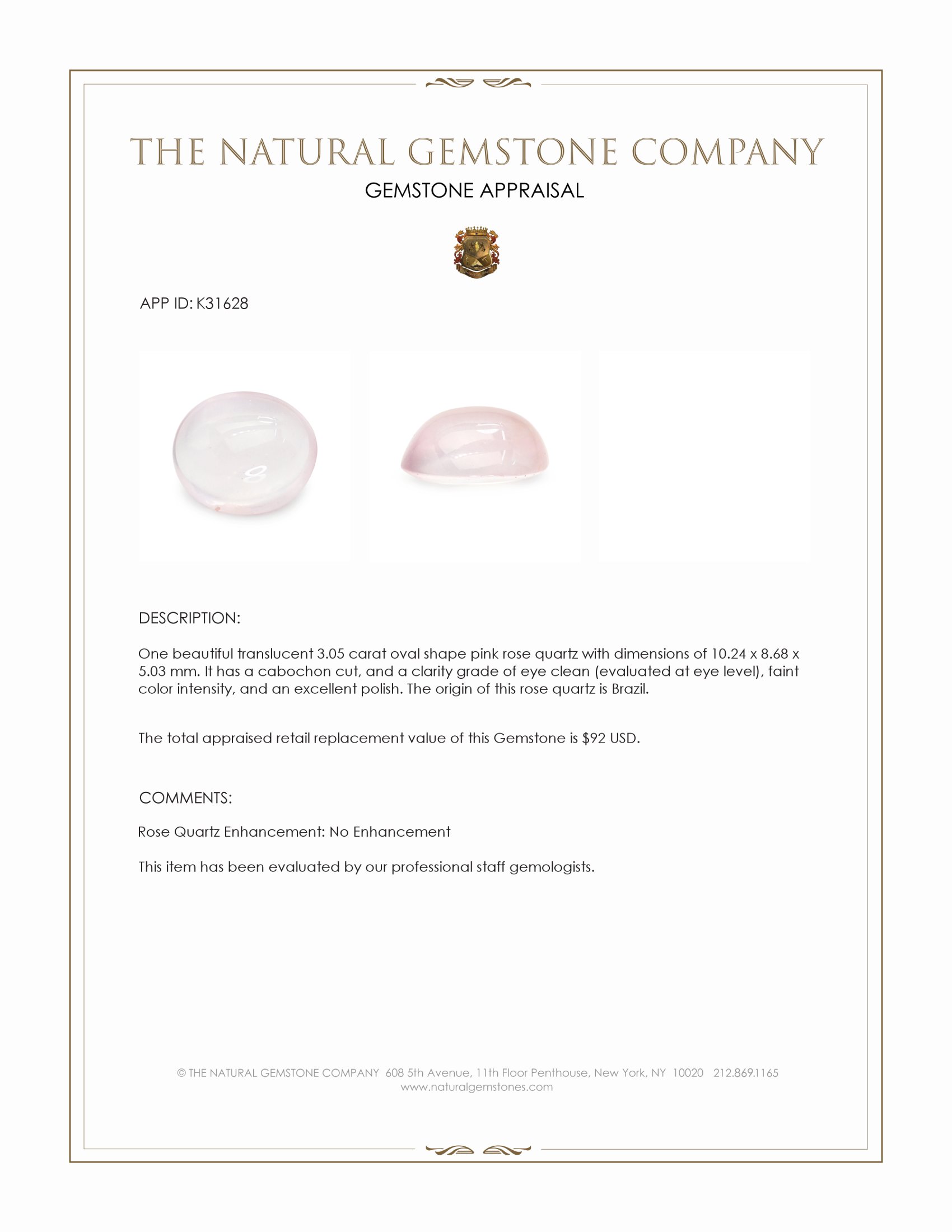 3.05 Ct. Pink Cabochon Rose Quartz from Brazil