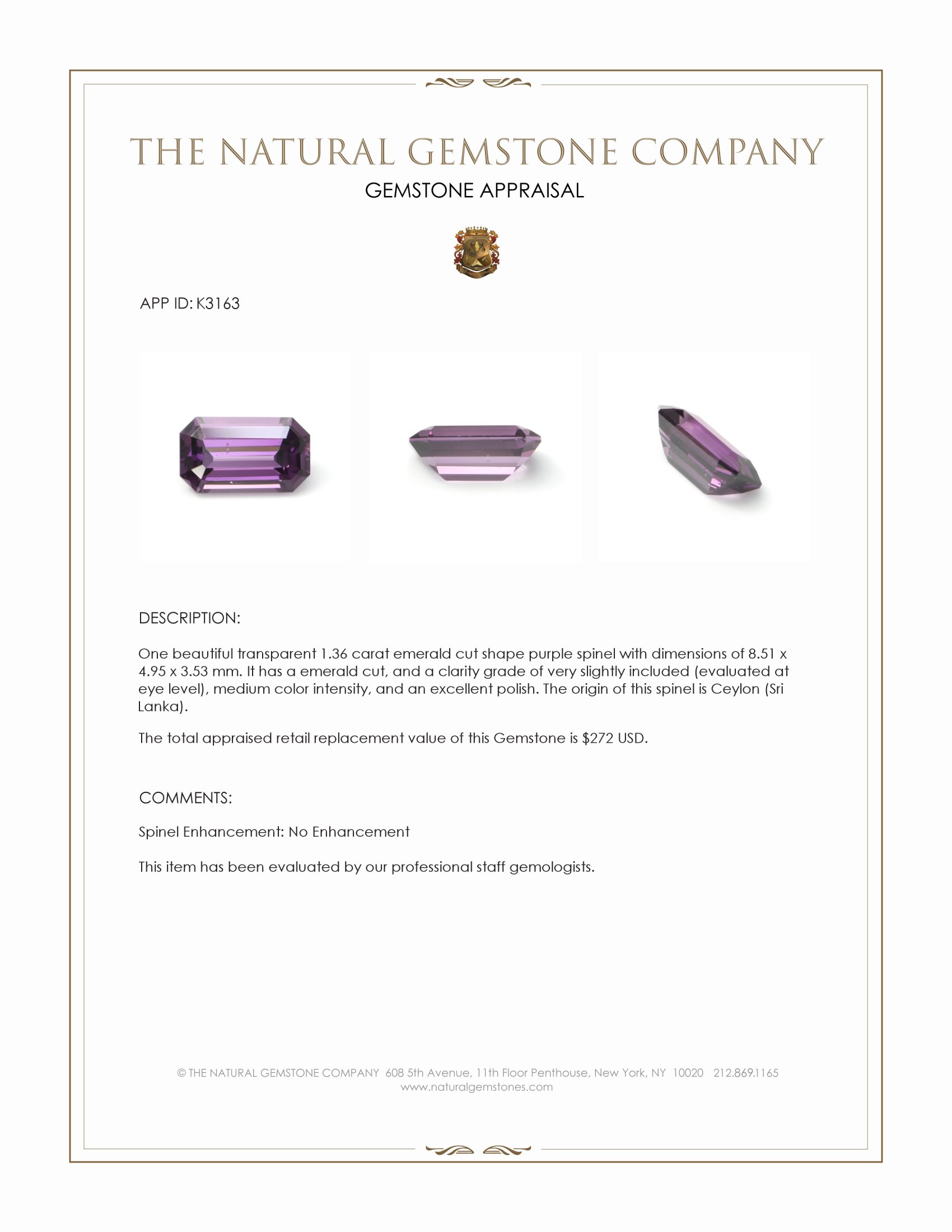 1.36 Ct. Purple Spinel from Ceylon (Sri Lanka)
