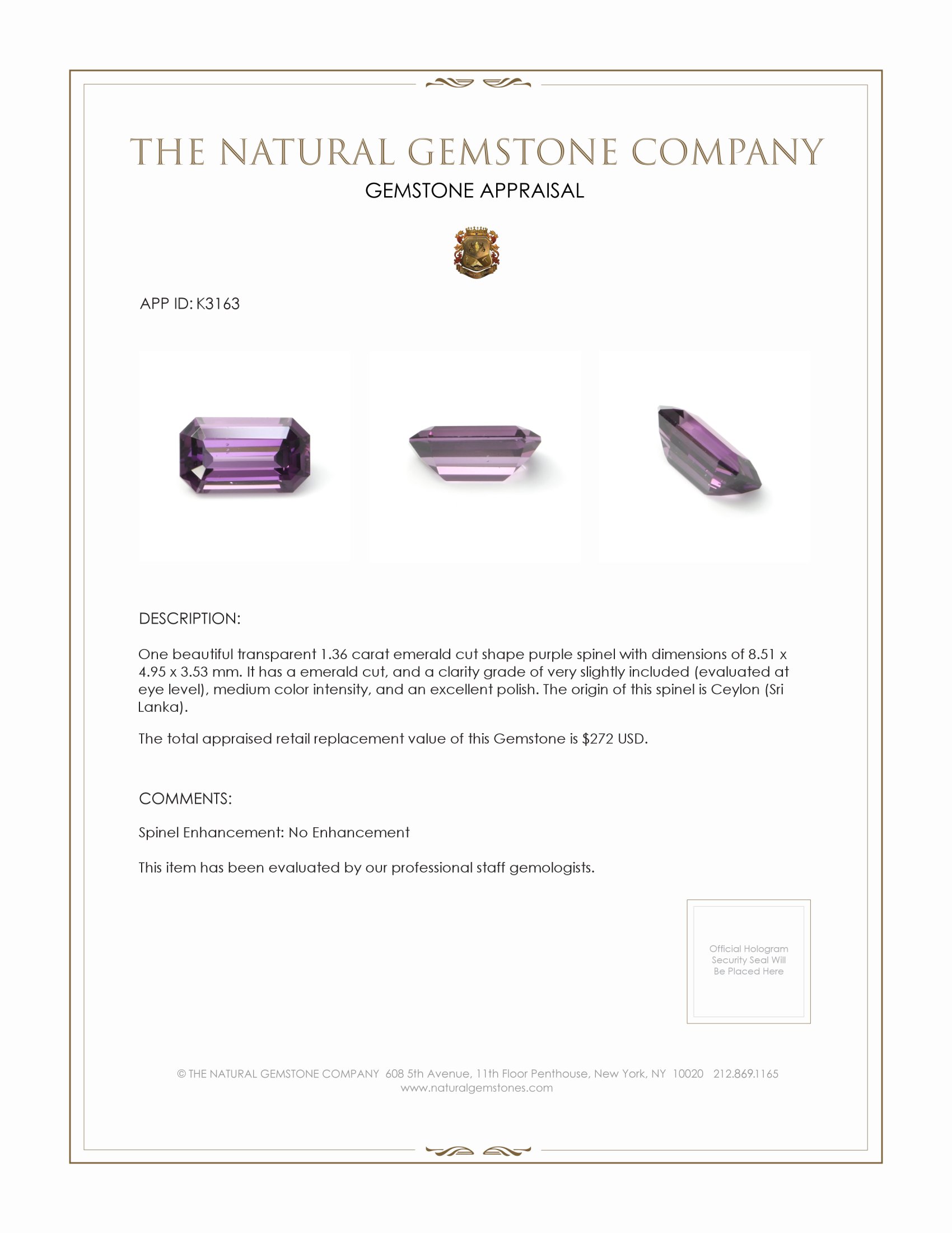 1.36 Ct. Spinel from Ceylon (Sri Lanka)