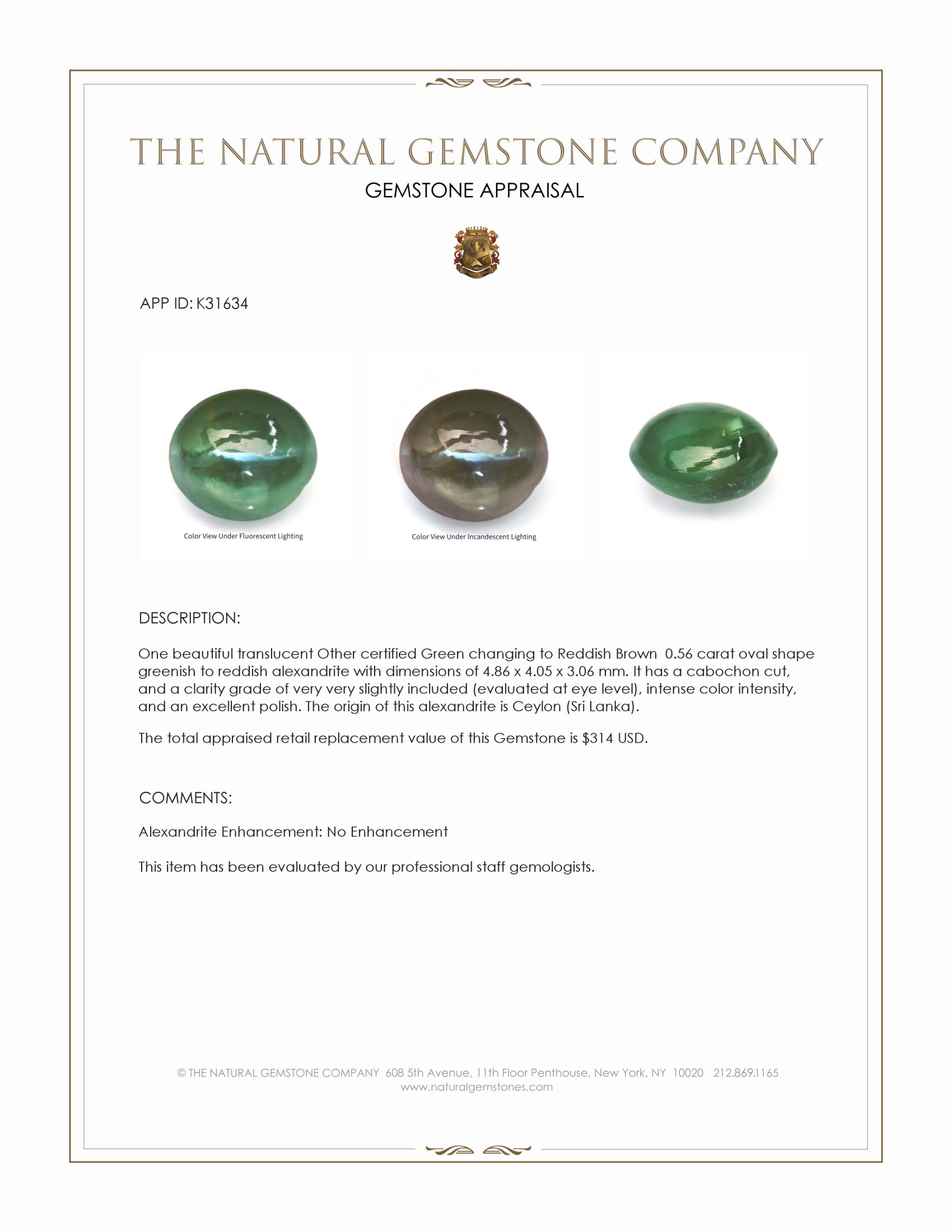 0.56 Ct. Cabochon Cat’s Eye Alexandrite from Ceylon (Sri Lanka)