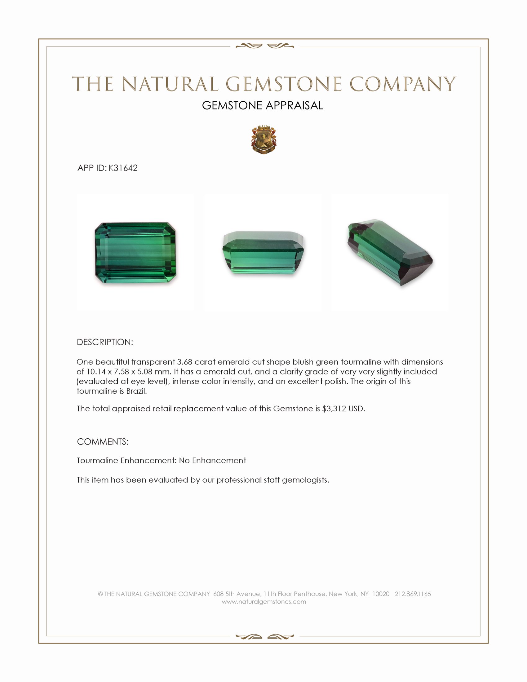 3.68 Ct. Bluish Green Tourmaline from Brazil