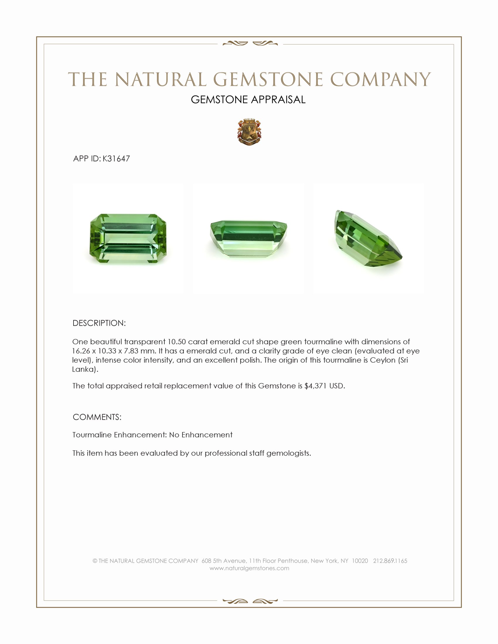 10.50 Ct. Green Tourmaline from Ceylon (Sri Lanka)