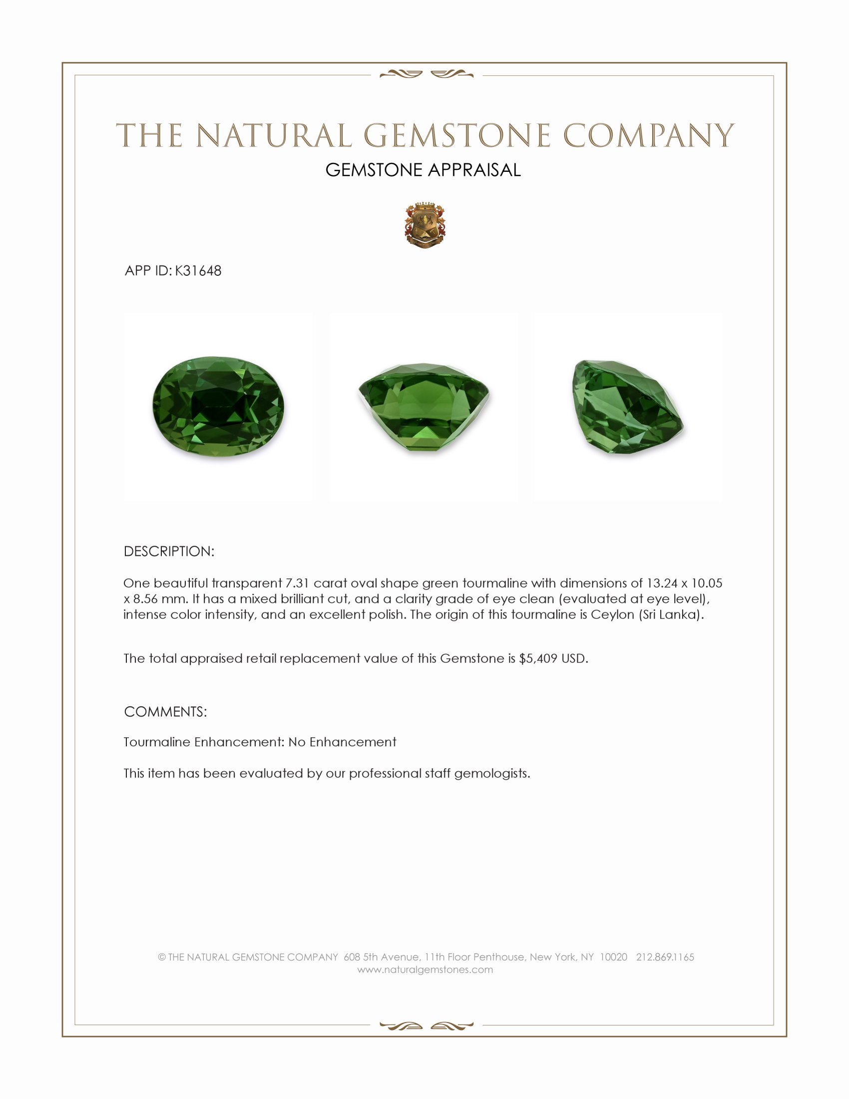 7.31 Ct. Green Tourmaline from Ceylon (Sri Lanka)